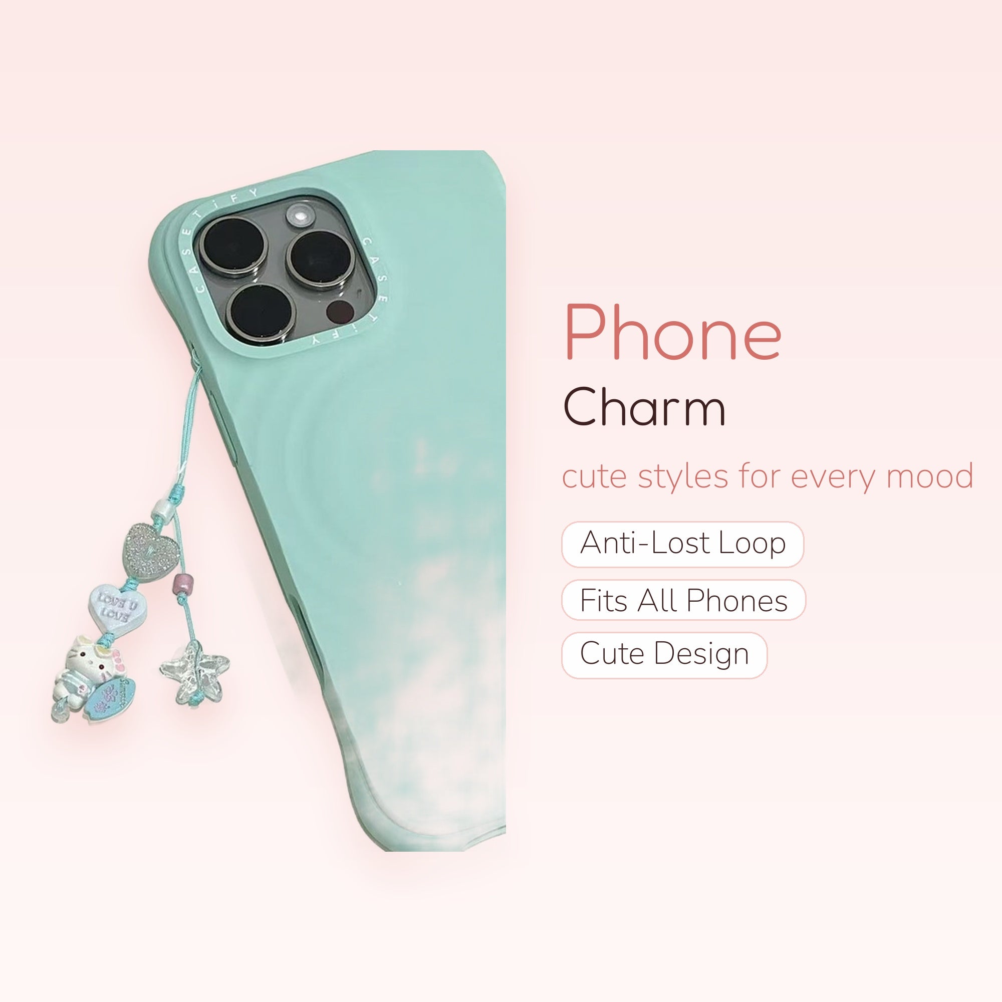 Cute Hello Kitty & Heart Phone Charm | Pastel Blue Beaded Phone Strap