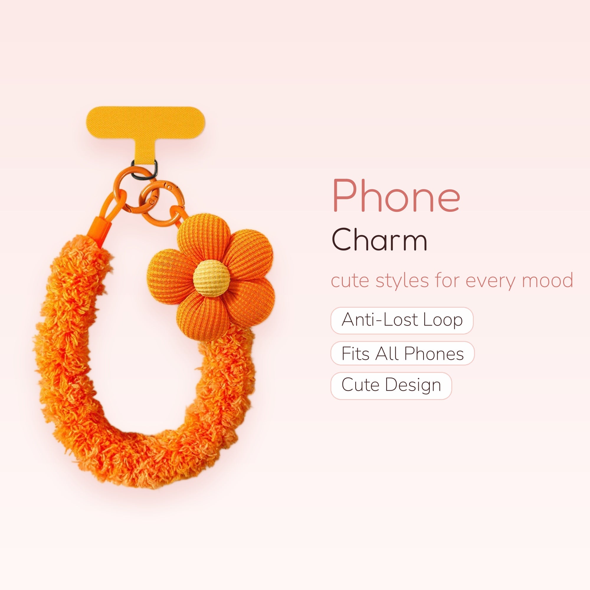 Cute Fluffy Orange Flower Phone Charm | Aesthetic Y2K Wrist Lanyard