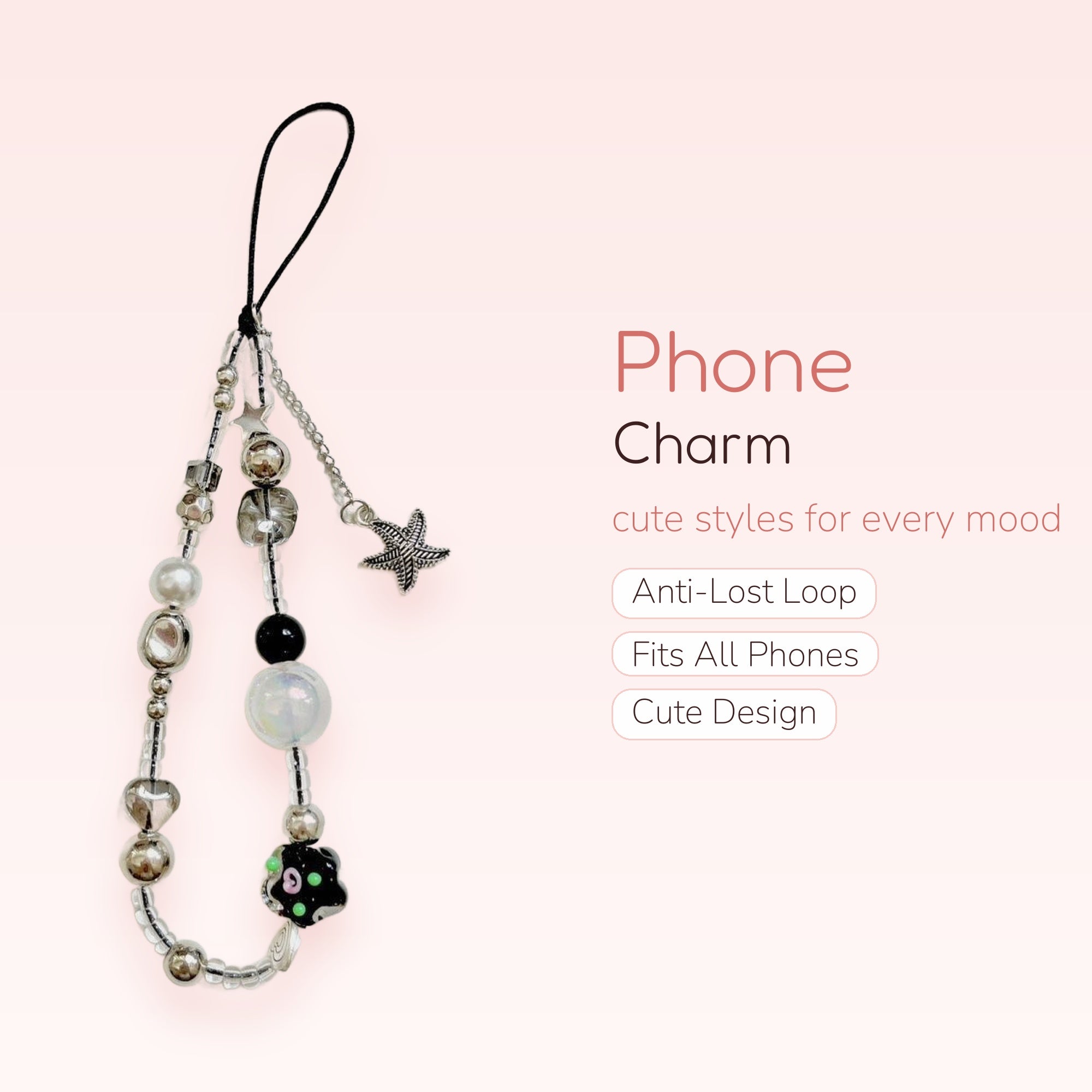 Y2K Silver & Clear Beaded Phone Charm | Starfish & Black Blob Phone Strap