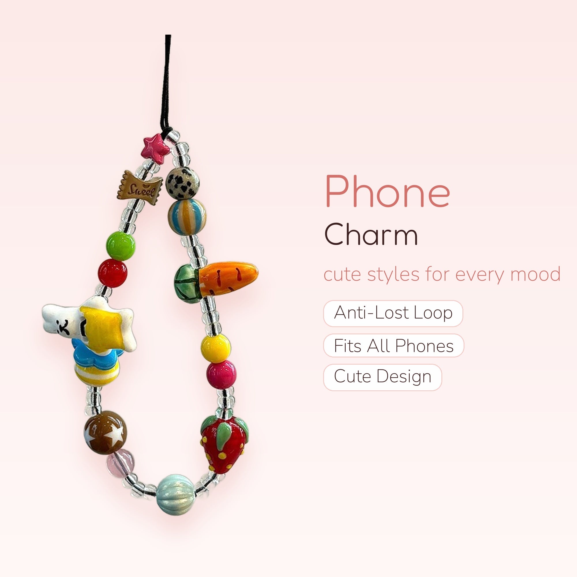 Kawaii Beaded Fruit & Animal Phone Charm Strap | Cute Y2K Wrist Lanyard