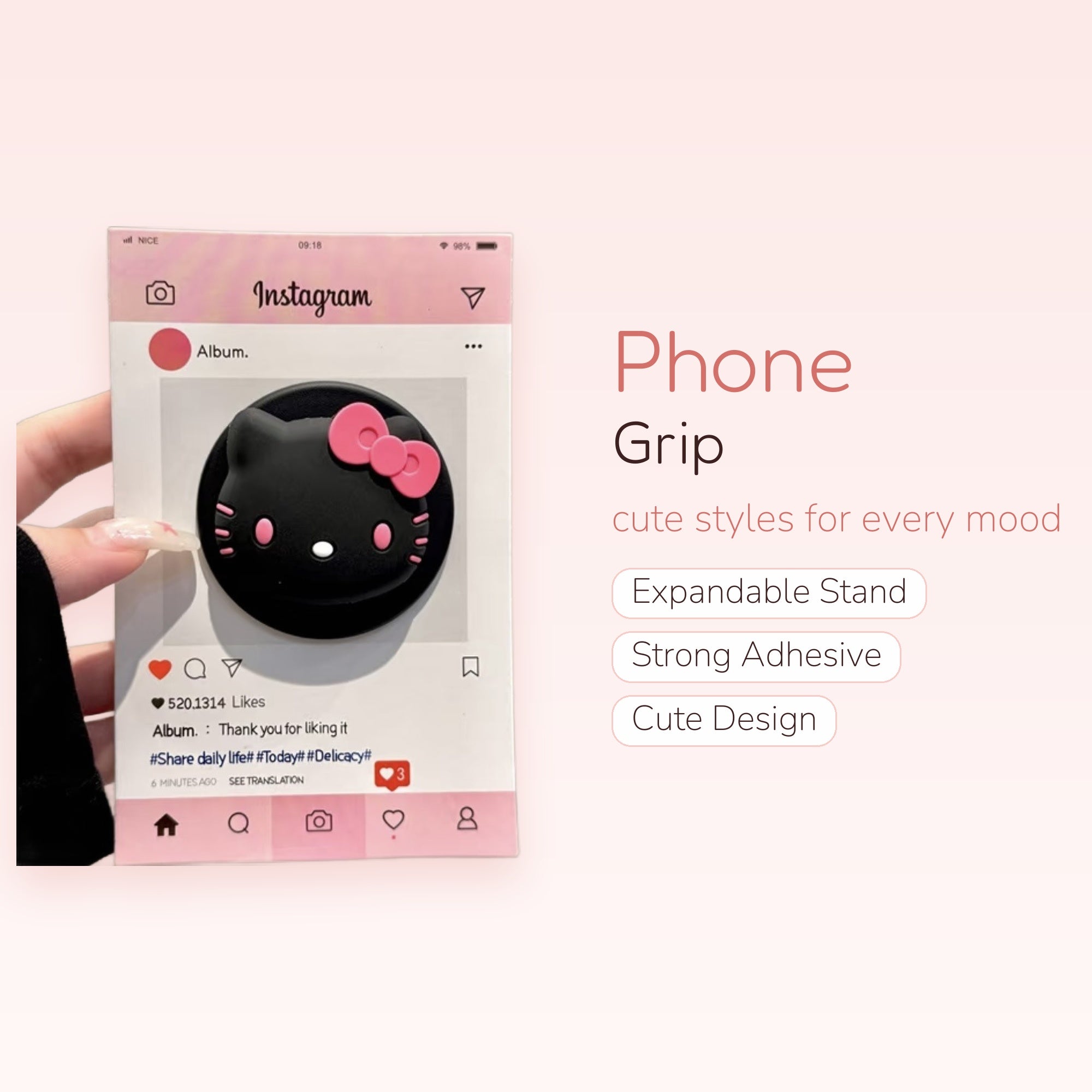 Black Hello Kitty Bow Phone Grip | Kawaii Pop Socket Stand