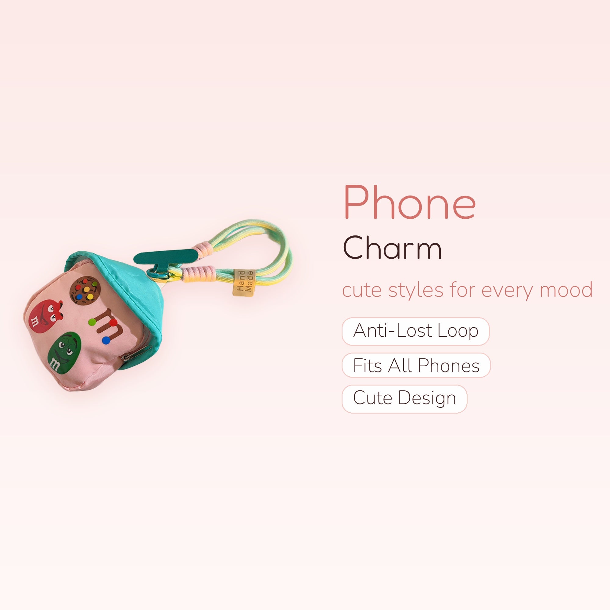 Kawaii M&M's Candy Pouch Phone Charm | Cute Pink Mini Bag Wrist Strap
