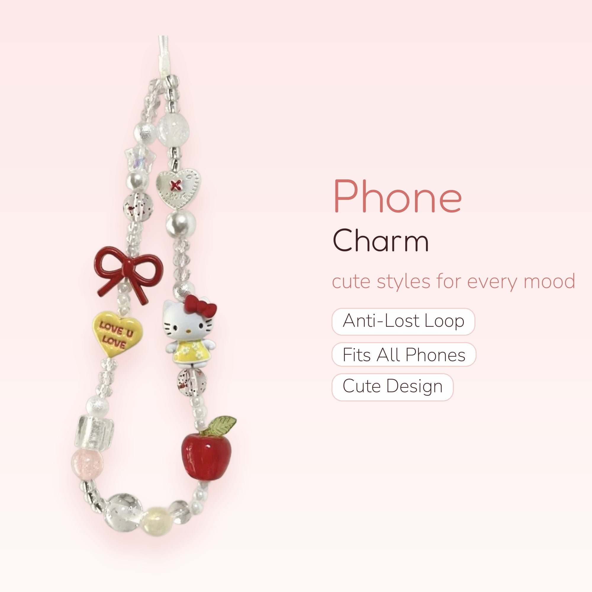 Kawaii Hello Kitty & Red Apple Phone Charm | Beaded Wrist Strap Lanyard