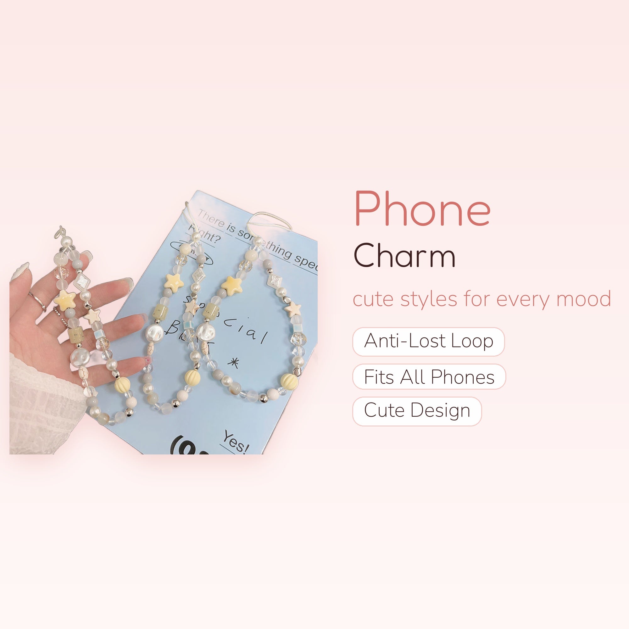 Kawaii Pastel Star & Pearl Phone Charm | Aesthetic Beaded Wrist Strap Lanyard
