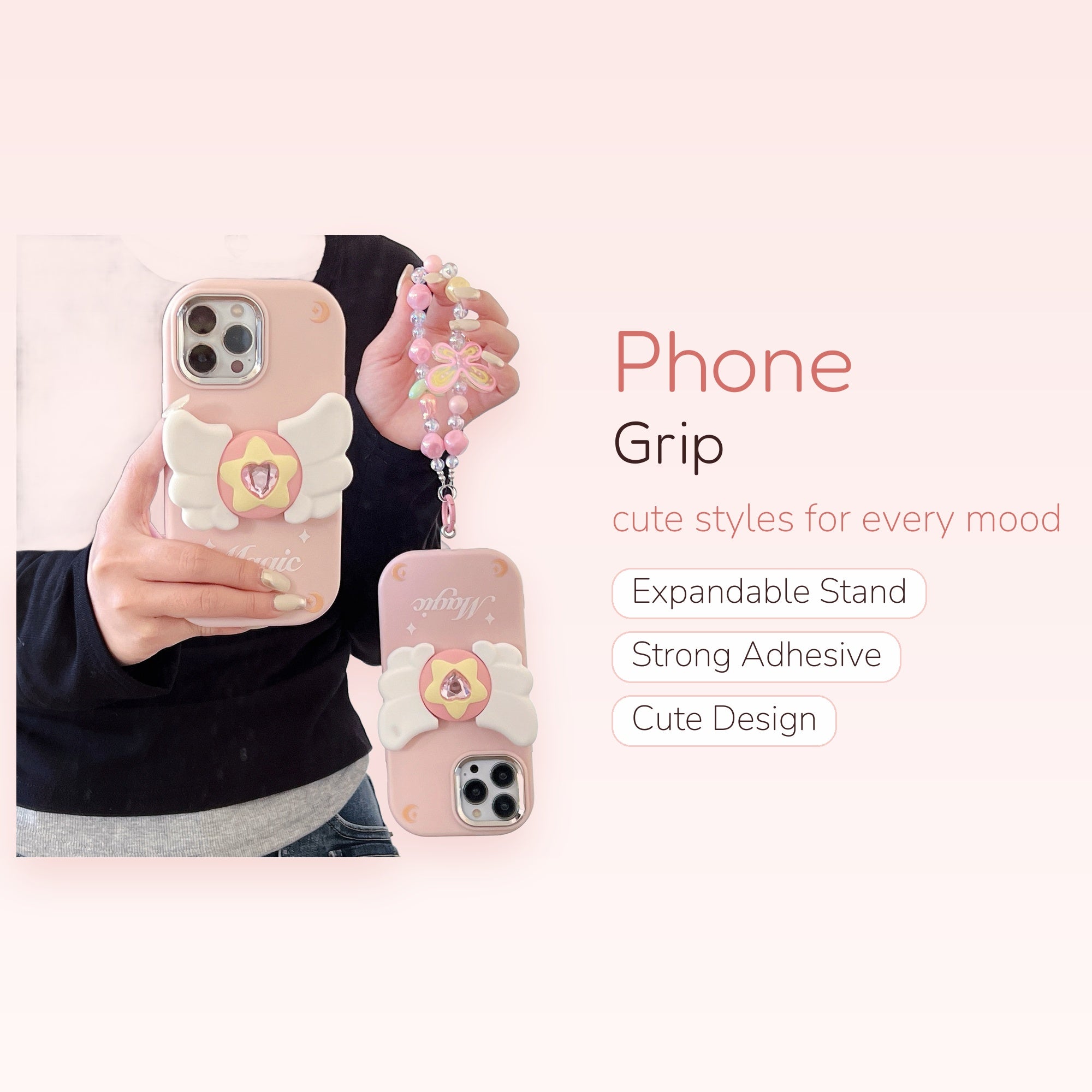 Kawaii Pink Winged Star Phone Grip | Cute Heart Gem Pop Socket Stand