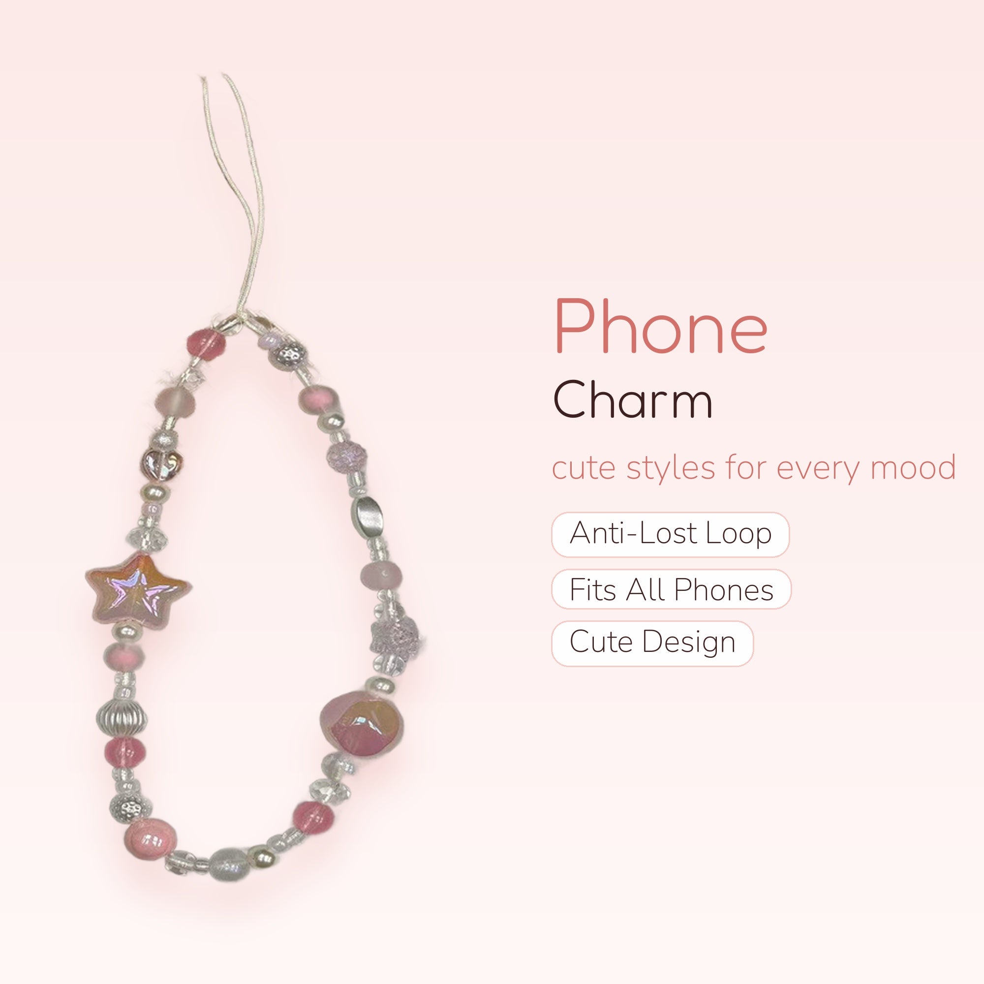 Pastel Pink & Clear Beaded Phone Charm Strap | Kawaii Star & Heart Wrist Lanyard