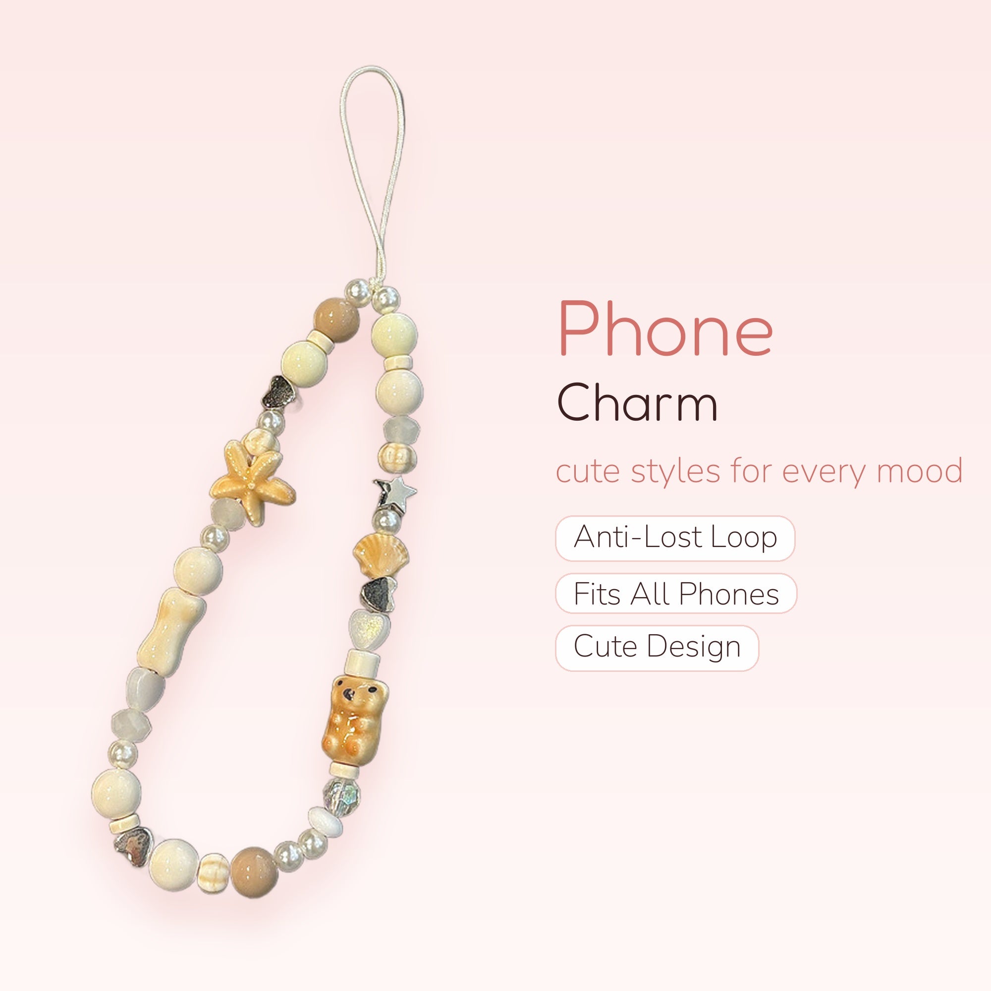 Aesthetic Beige & White Beaded Phone Charm | Starfish Gummy Bear Wrist Lanyard
