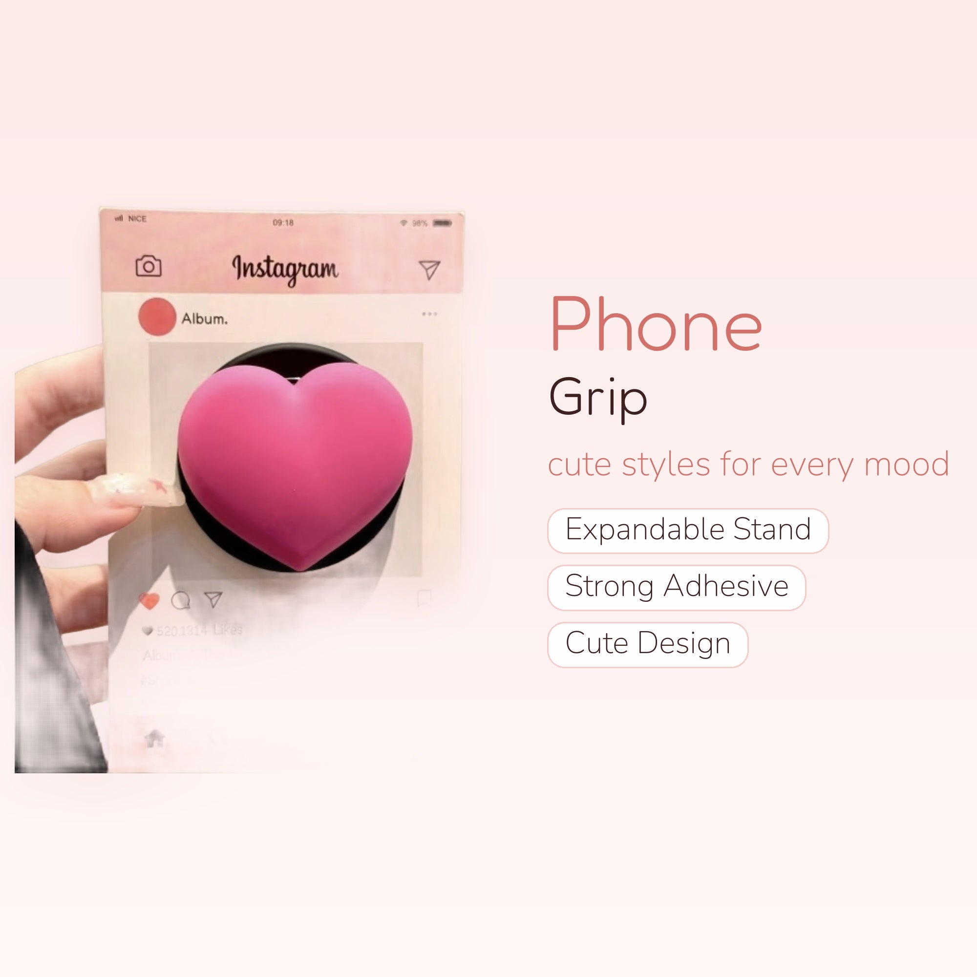 Pink Heart Instagram Phone Grip | Kawaii Pop Socket Stand