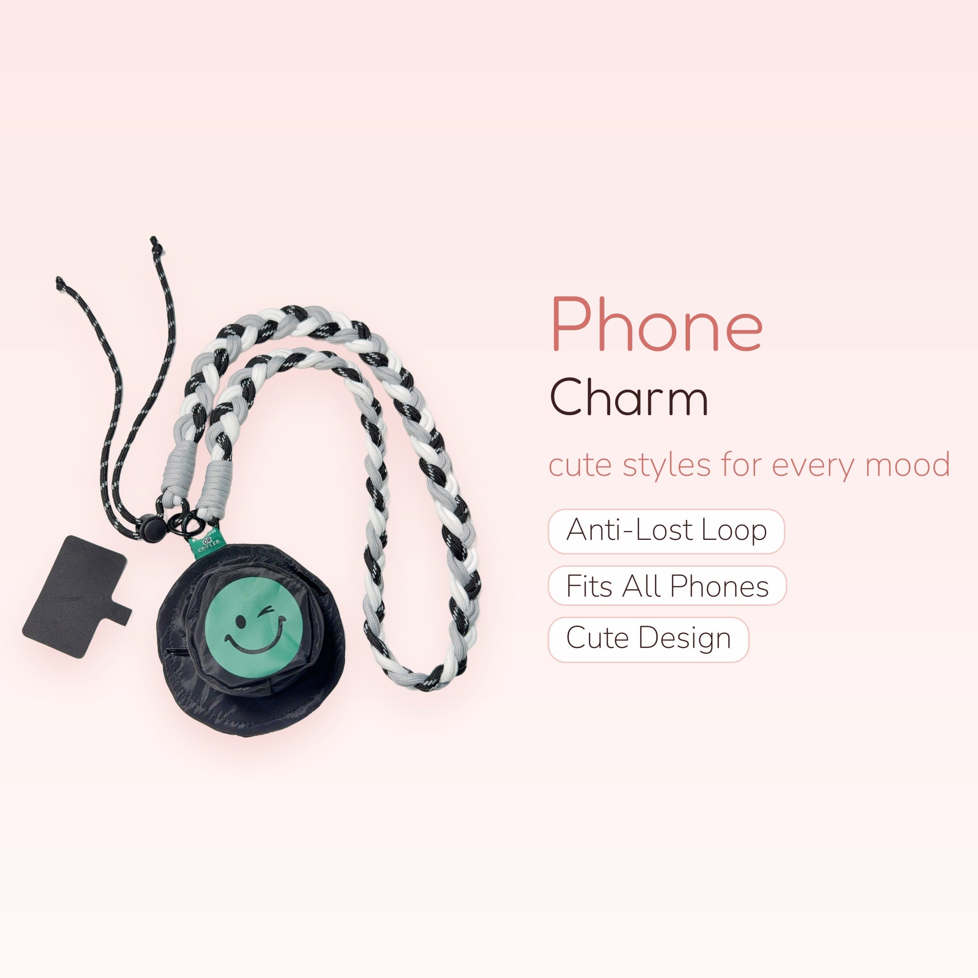 Braided Black, White & Gray Phone Lanyard | Cute Winking Smiley Face Charm