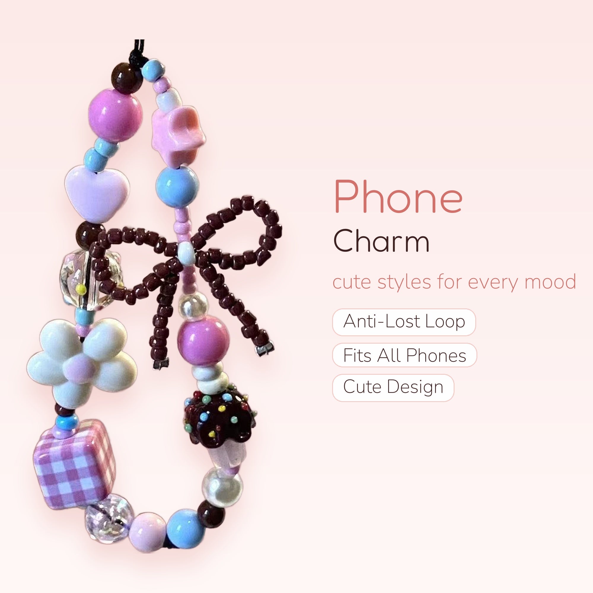Kawaii Pastel Beaded Phone Charm Strap | Cute Bow & Cupcake Wrist Lanyard