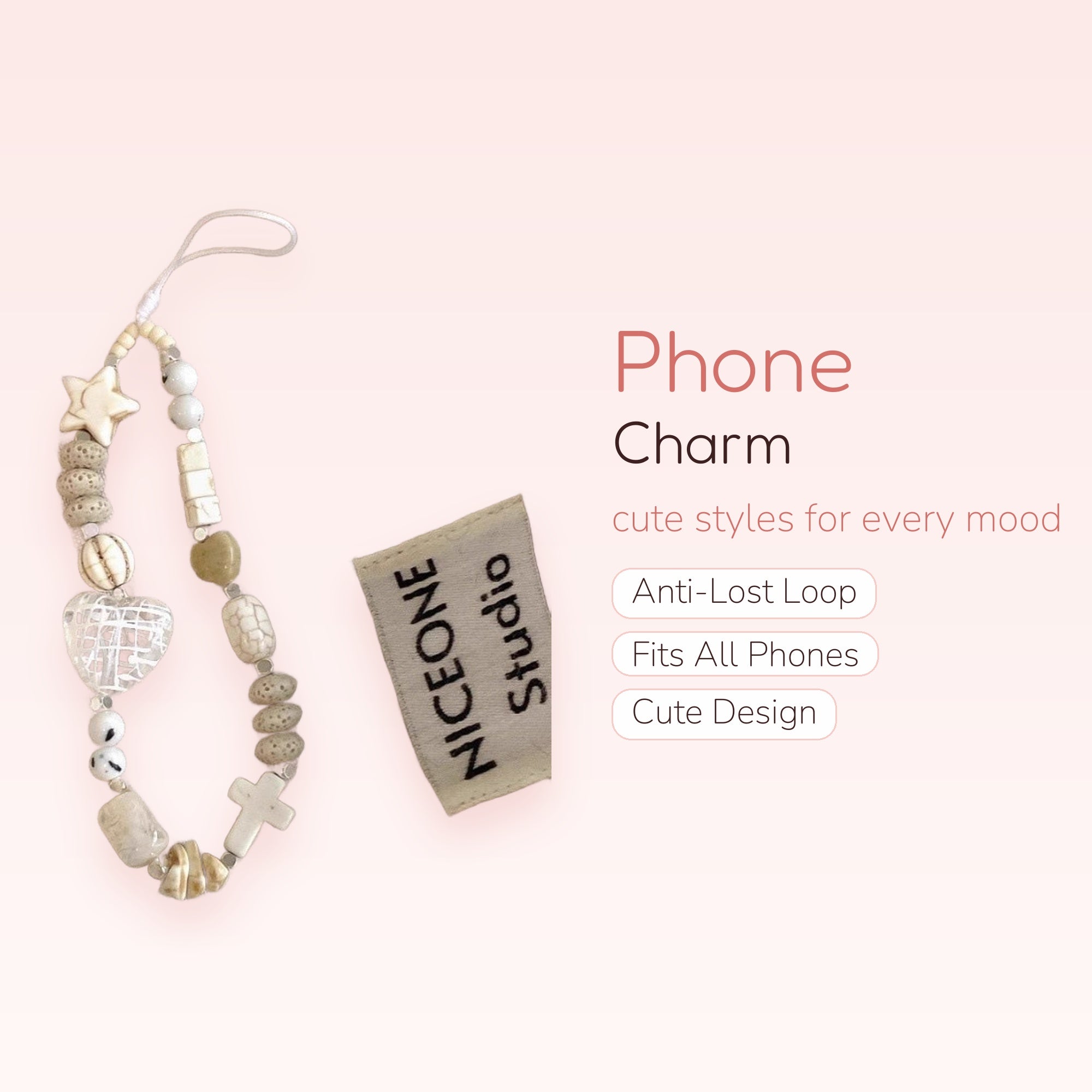 Aesthetic Neutral Beaded Phone Charm | Earthy Tone Star Heart Cross Strap