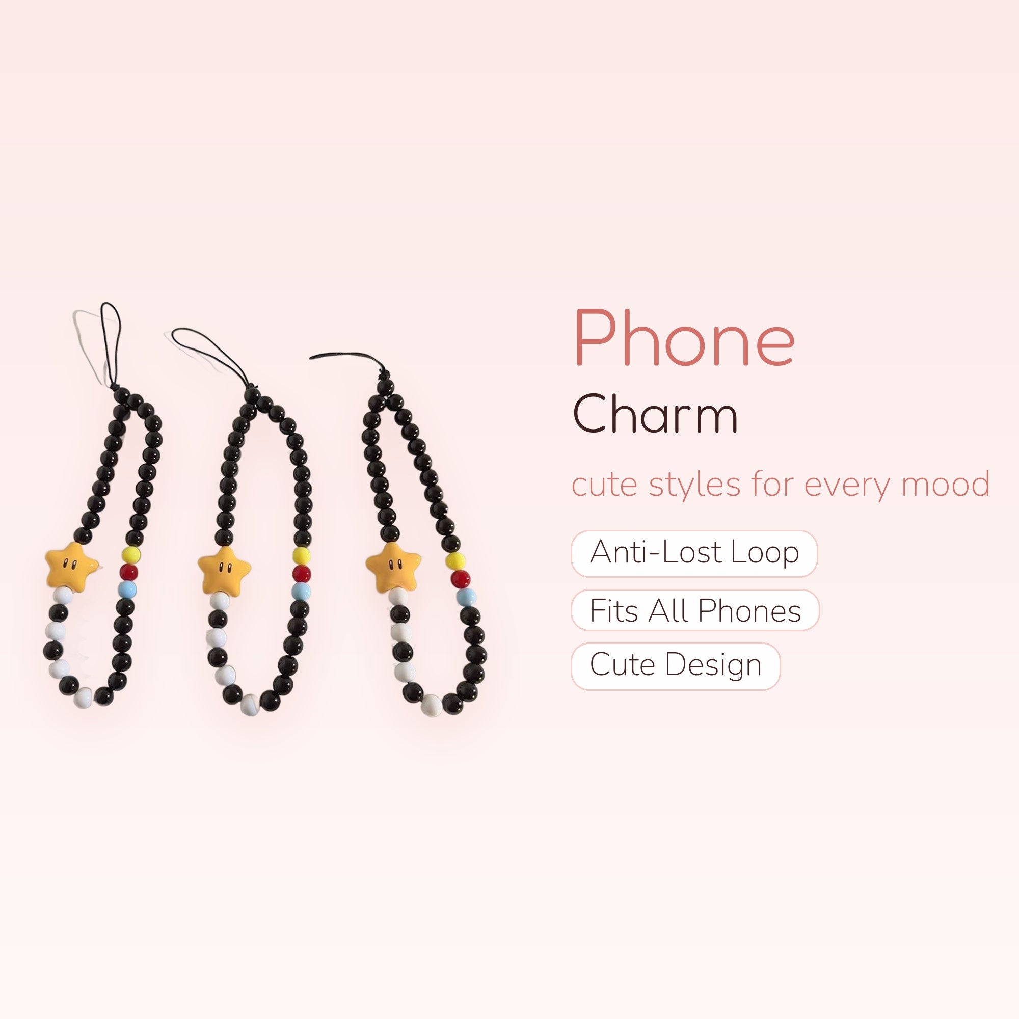 Kawaii Black Beaded Star Phone Charm | Mario-Inspired Wrist Strap