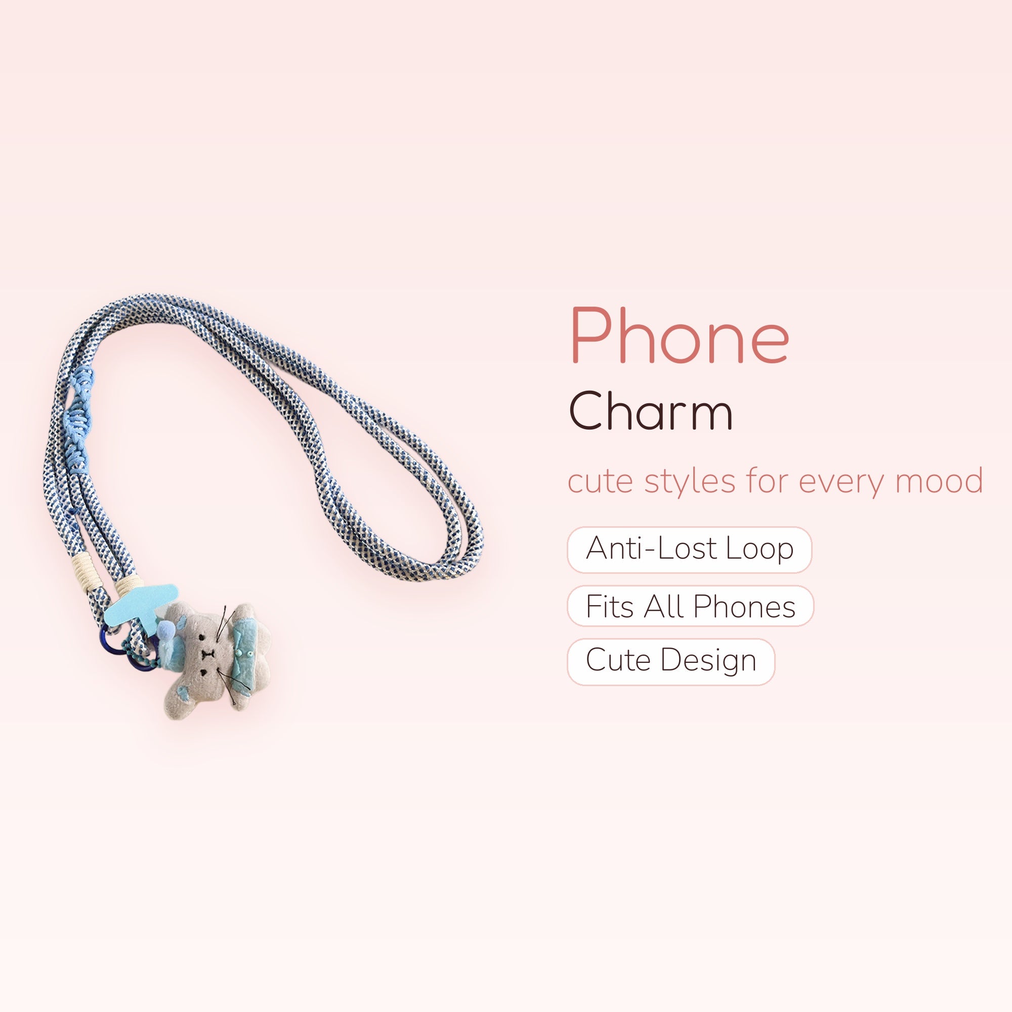 Cute Blue & White Rope Phone Lanyard with Plush Bunny Charm | Aesthetic Long Neck Strap