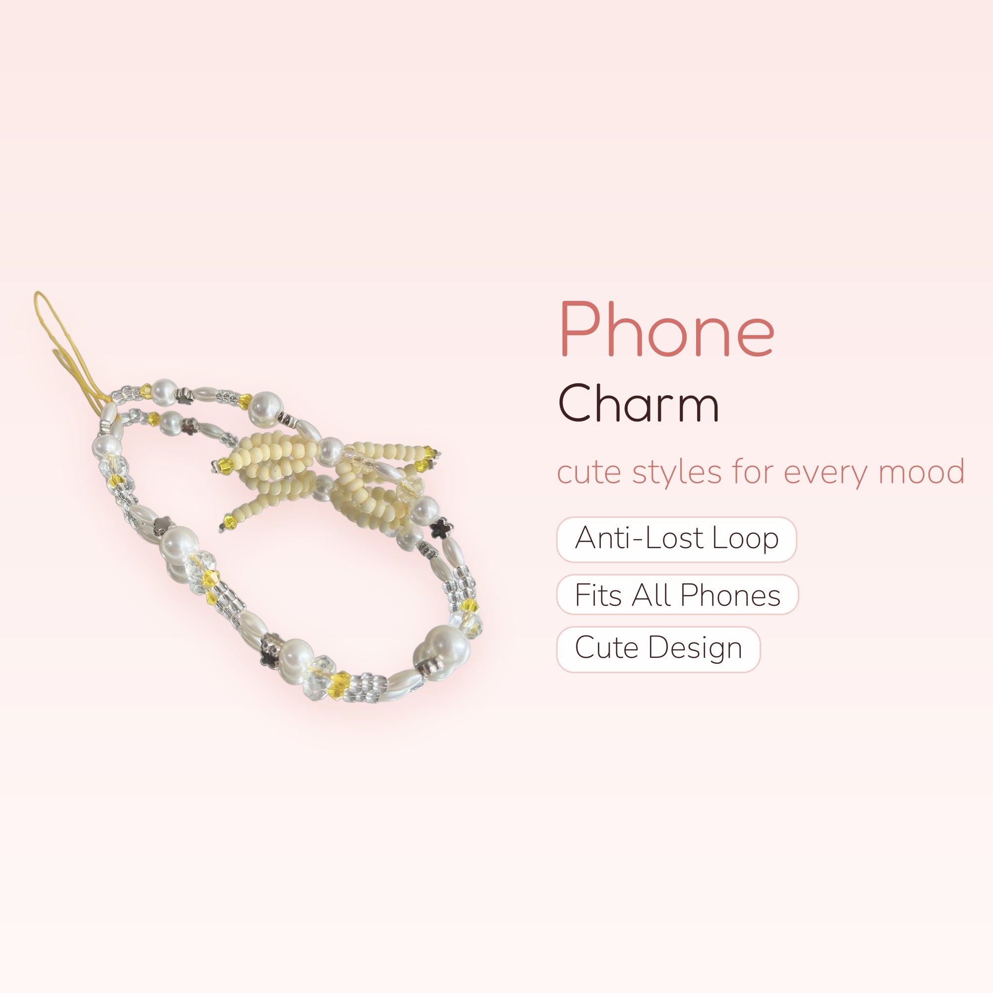 Cute Pearl & Clear Bead Phone Charm | Yellow Corn & Flower Beaded Wrist Strap