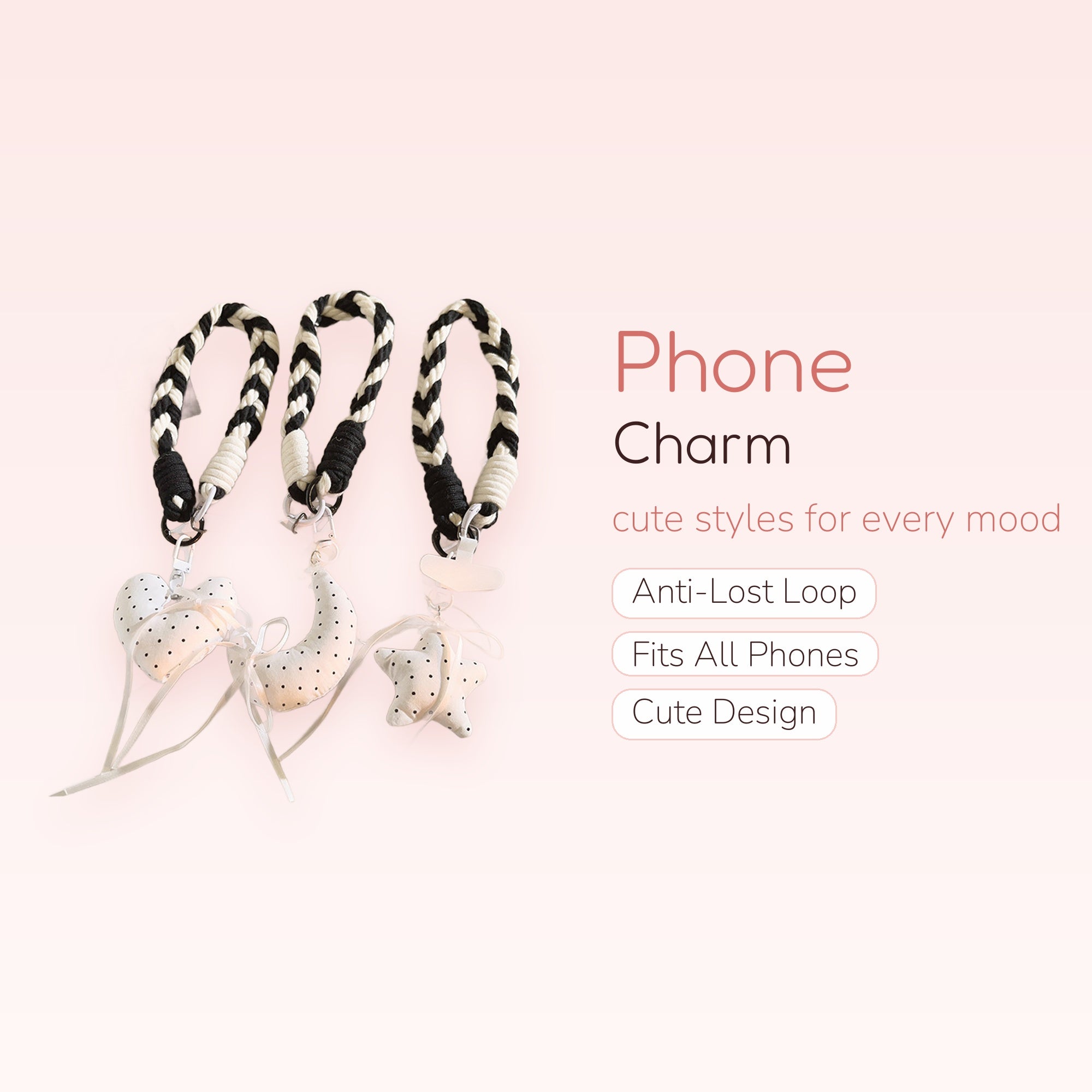 Black & White Braided Phone Charm Strap | Polka Dot Heart Star Moon Wrist Lanyard