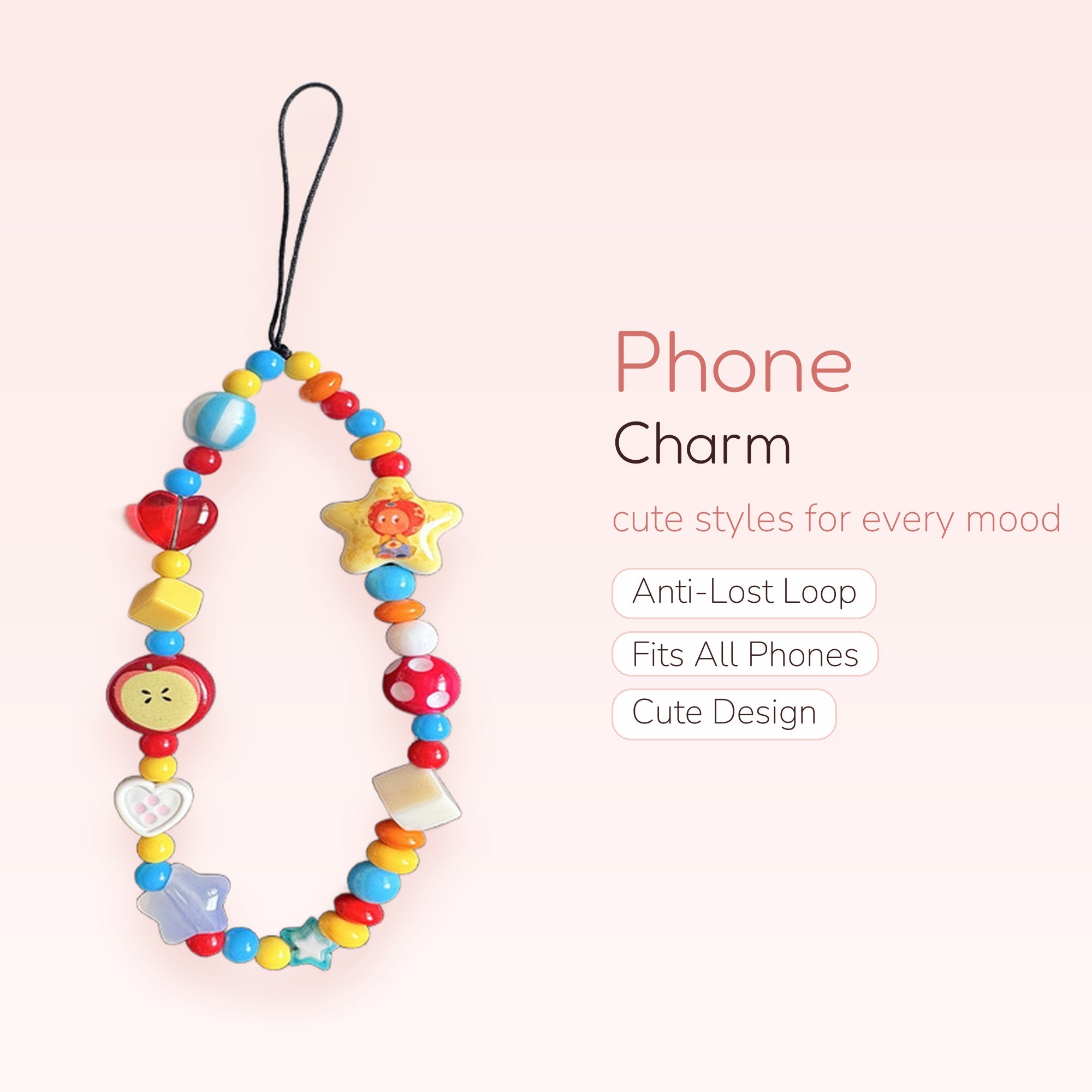 Kawaii Colorful Beaded Phone Charm Strap | Y2K Fruit & Star Wrist Lanyard