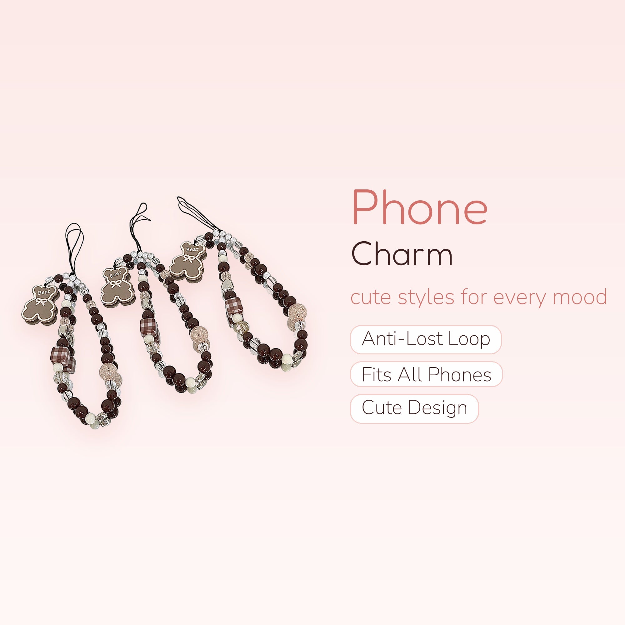 Cute Bear & Plaid Beaded Phone Charm | Brown Aesthetic Wrist Strap