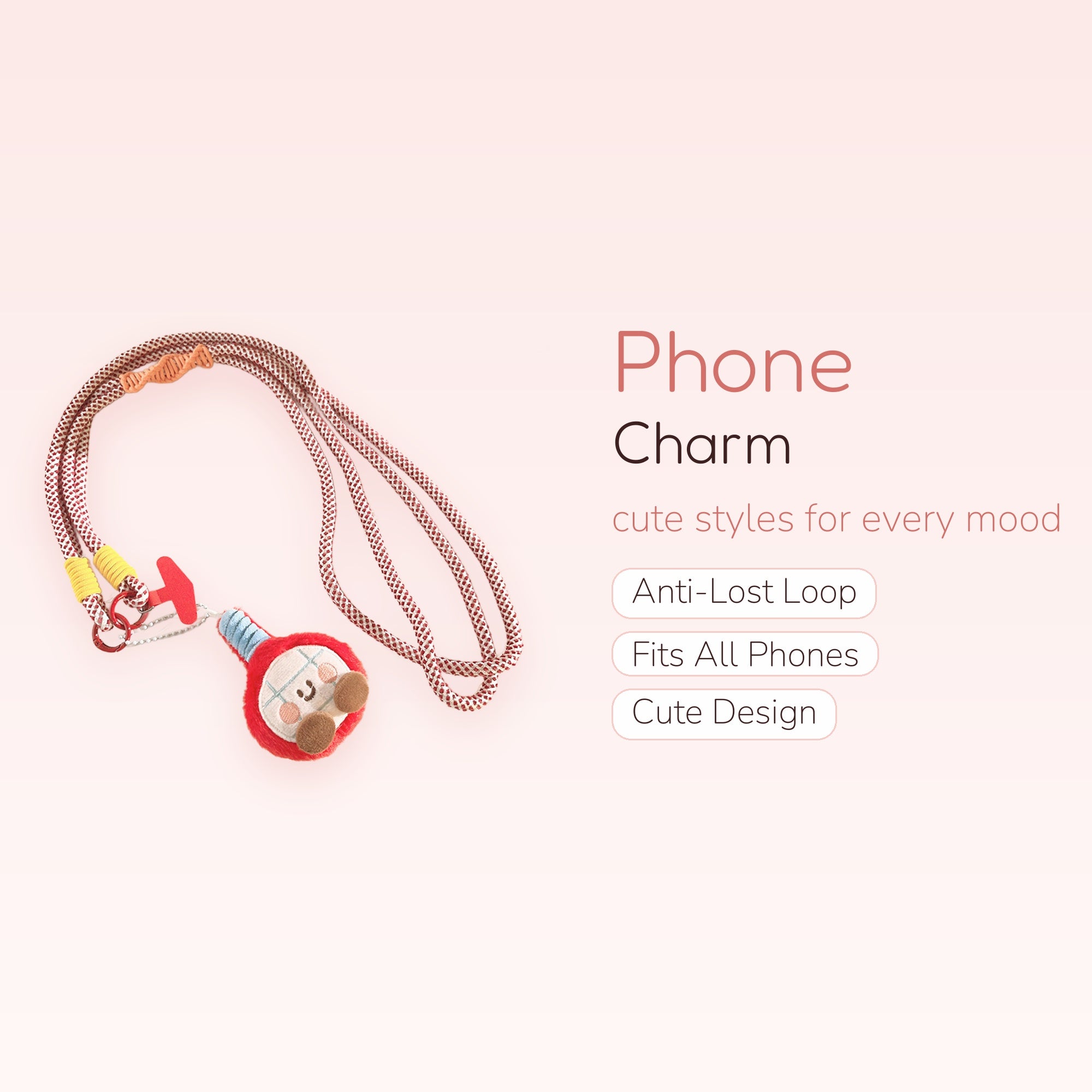 Cute Red & White Rope Phone Lanyard | Kawaii Plush Character Phone Strap