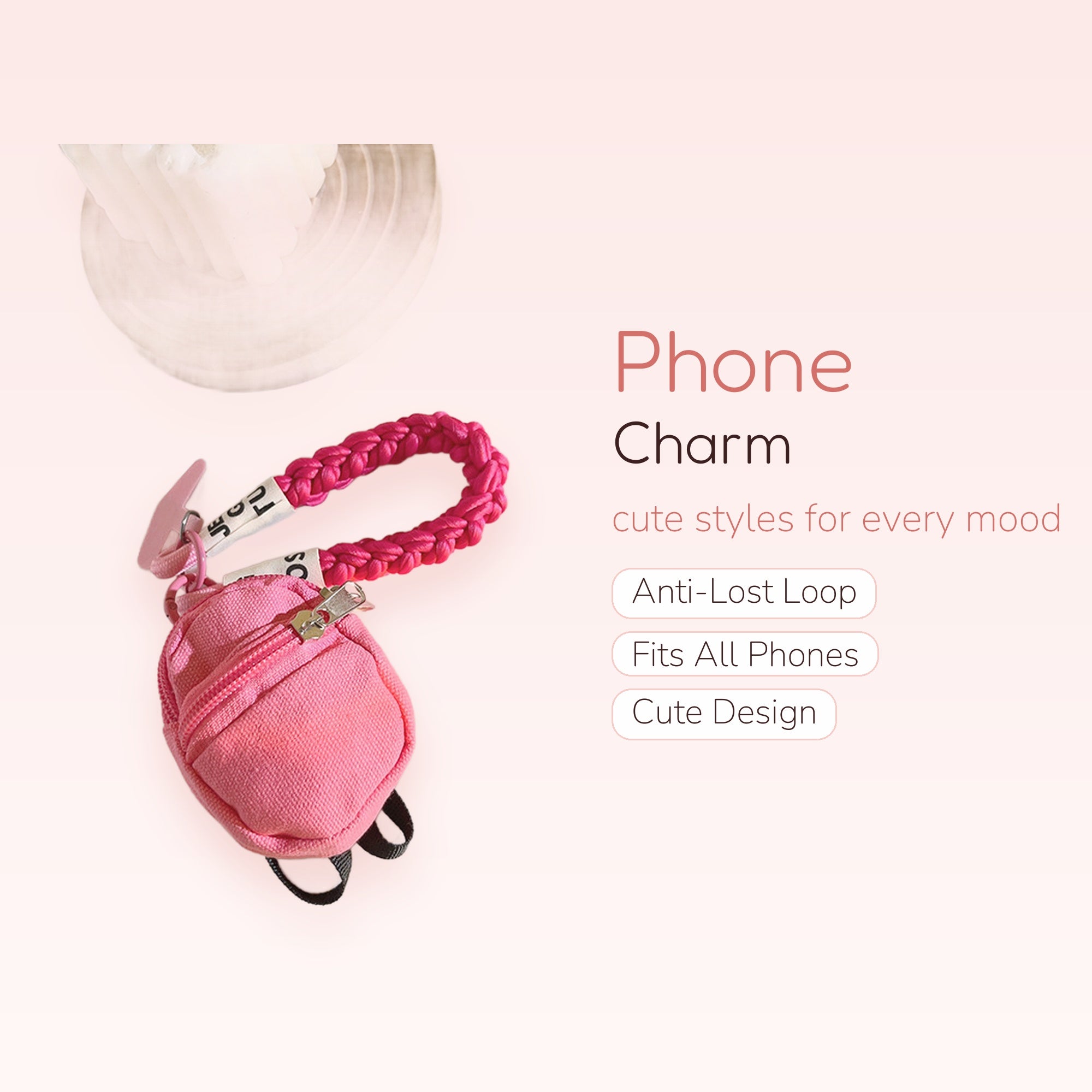 Hot Pink Braided Mini Backpack Phone Charm | Cute Canvas Bag Wrist Strap