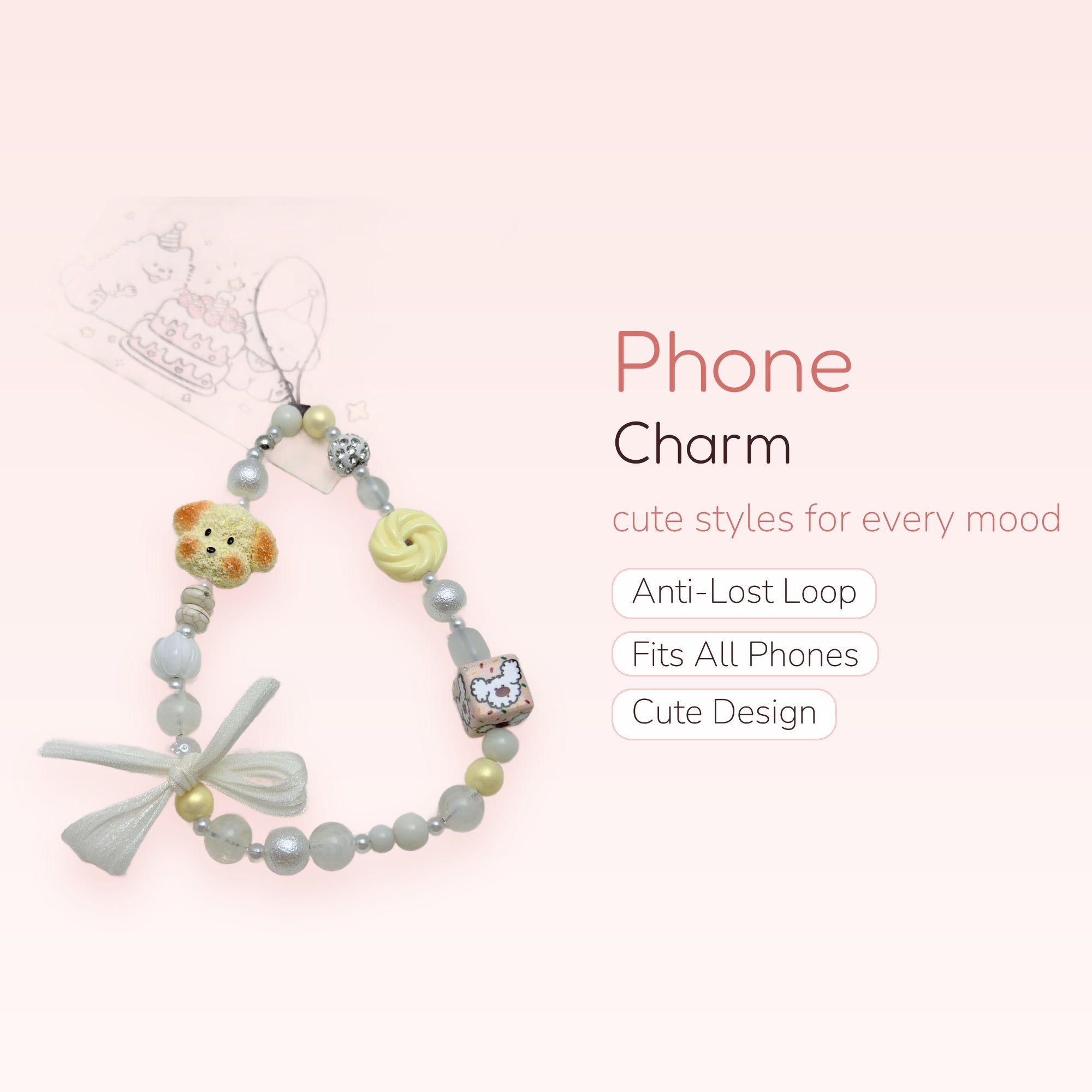 Kawaii Puppy & Pearl Phone Charm Strap | Pastel Beaded Wrist Lanyard
