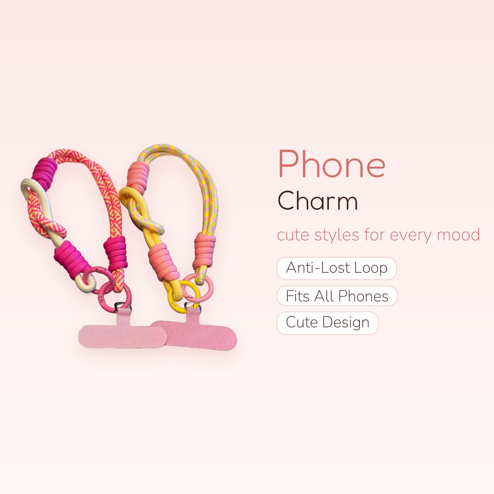 Y2K Braided Rope Phone Charm Wristlet | Aesthetic Pink & Yellow Phone Lanyard