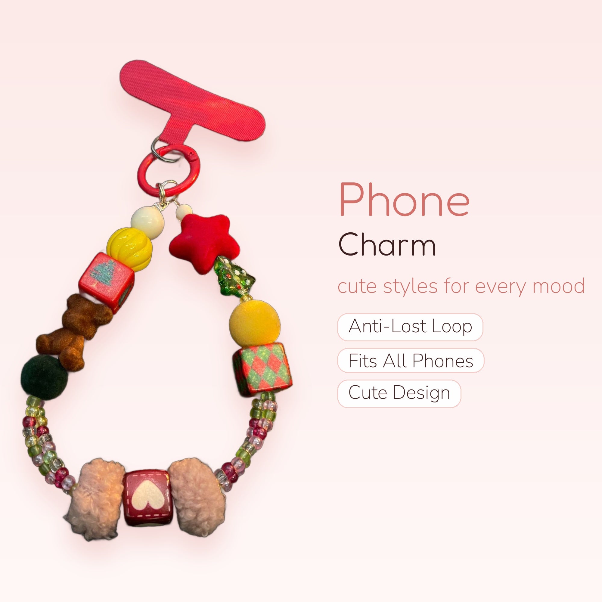 Cute Christmas Holiday Phone Charm | Festive Beaded Wrist Strap with Presents & Teddy Bears