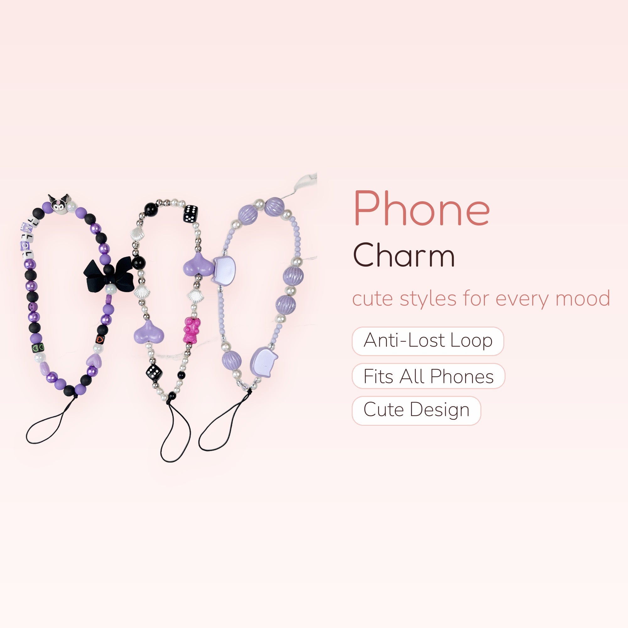 Kawaii Purple & Black Beaded Phone Charm Straps | Pastel Goth Y2K Wrist Lanyards