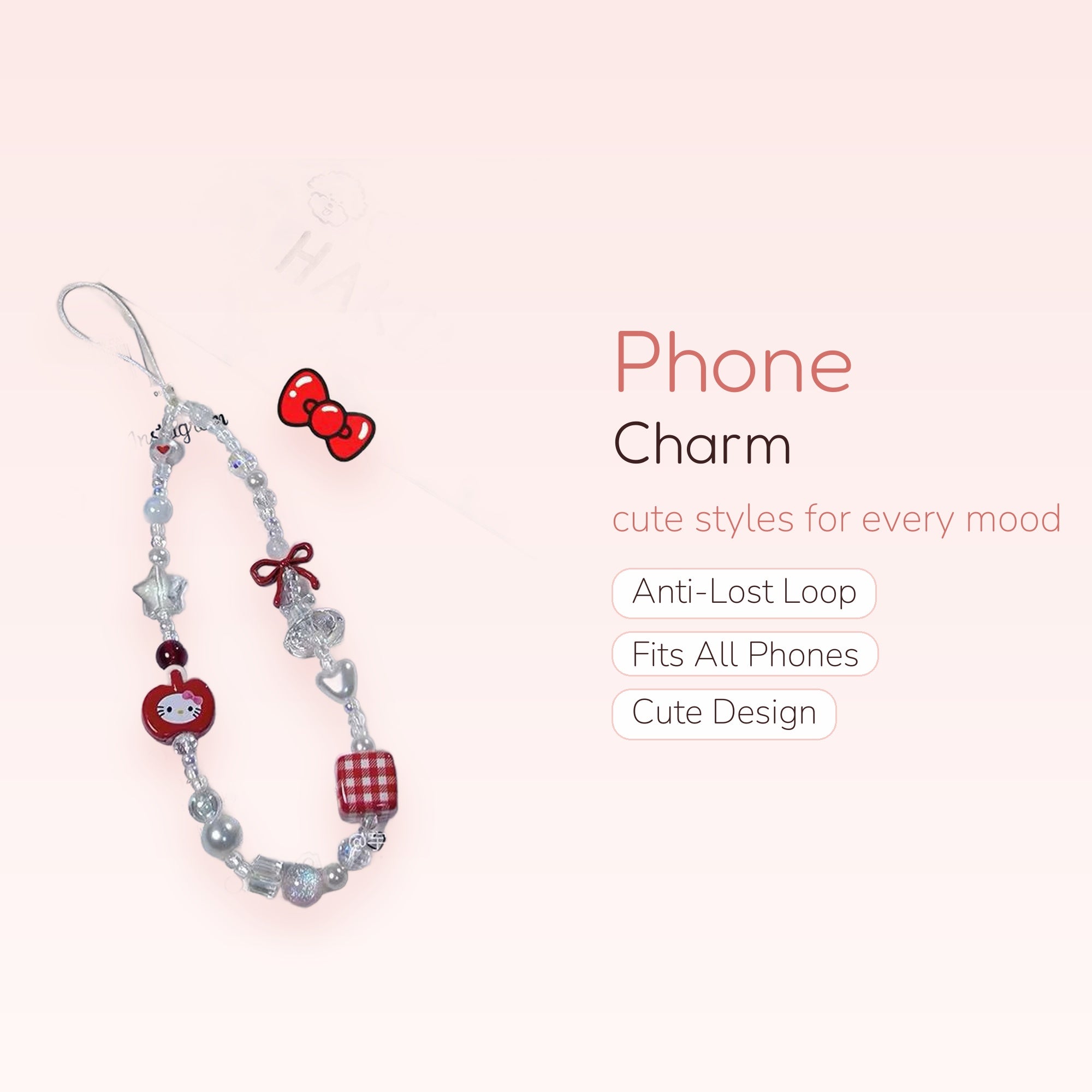 Cute Hello Kitty & Red Apple Beaded Phone Charm | Kawaii Pearl & Star Wrist Strap