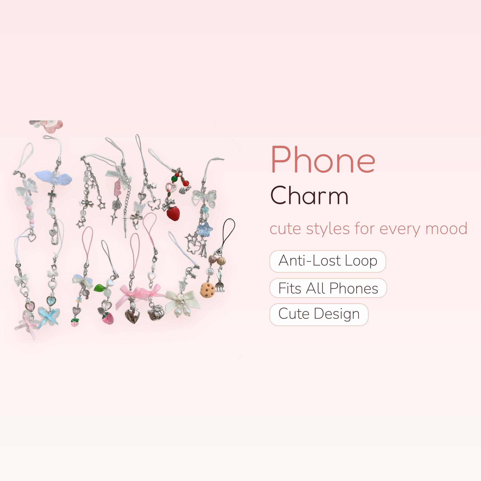 Aesthetic Y2K Beaded Phone Charms | Kawaii Star, Butterfly, Cross, & Fruit Phone Straps