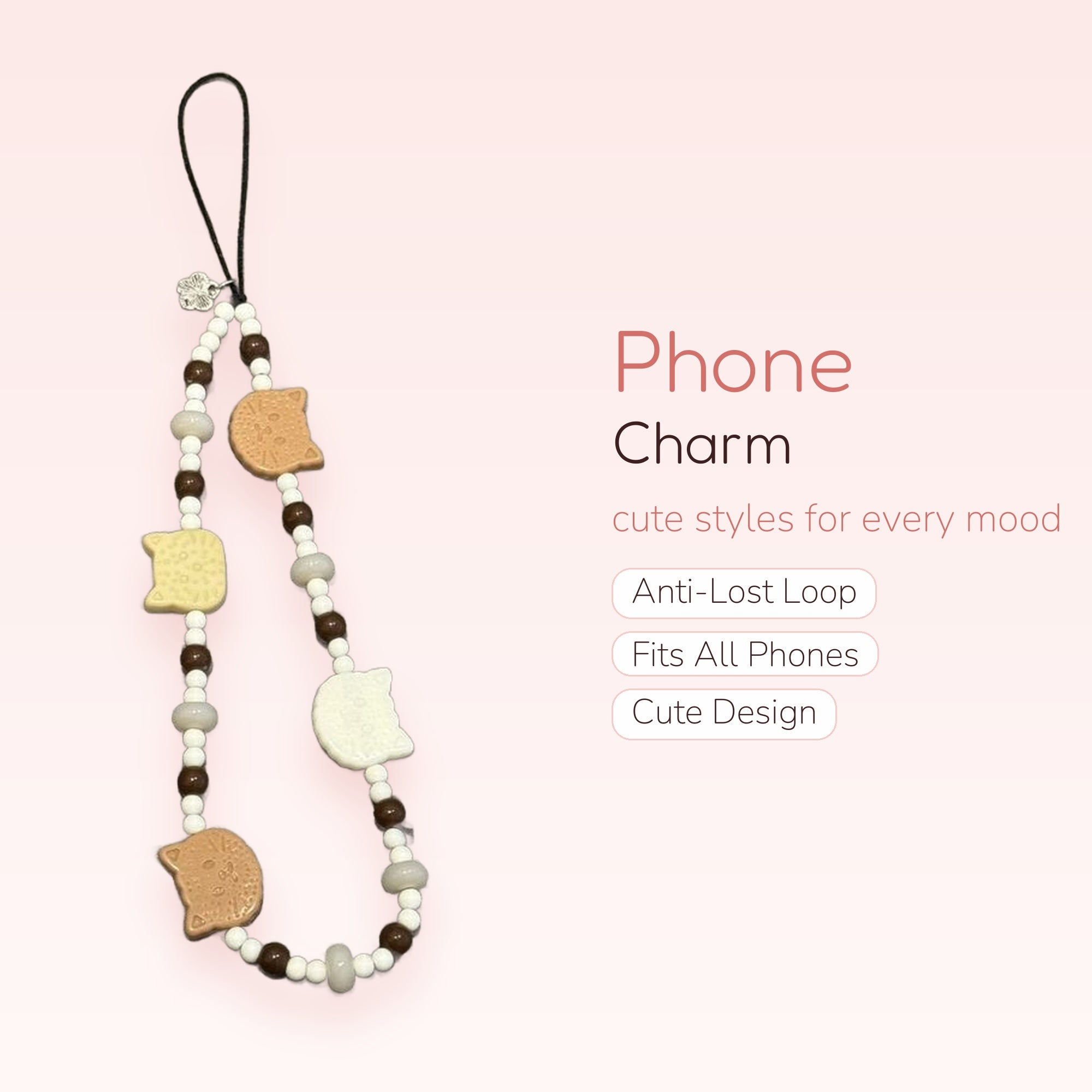 Cute Cat Cookie Beaded Phone Charm Strap | Aesthetic Brown & White Wrist Lanyard