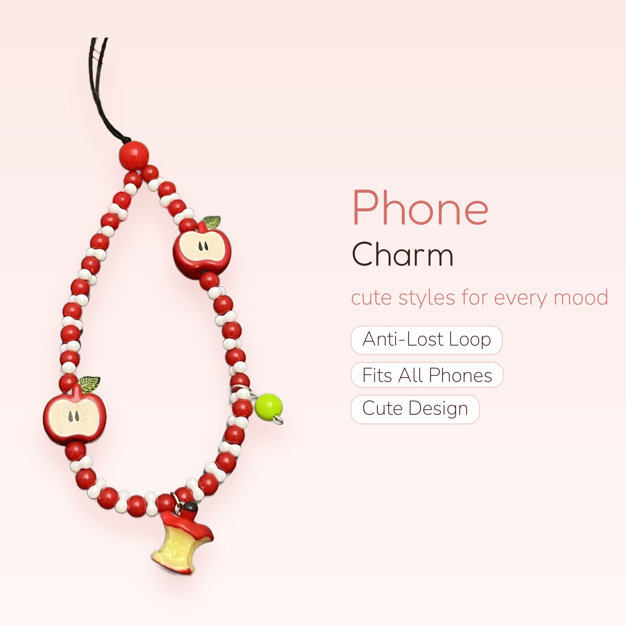 Kawaii Red Apple Beaded Phone Charm | Cute Fruit Core Wrist Lanyard