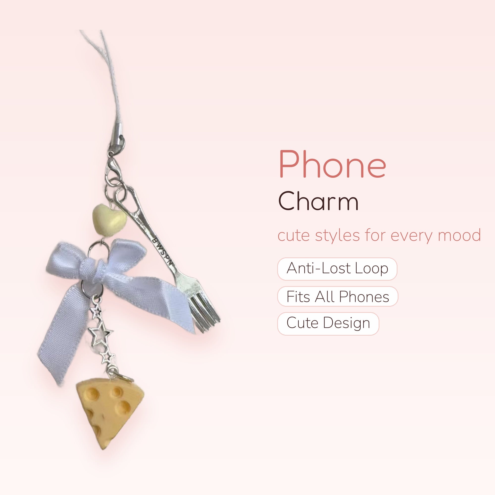 Cute Cheese & Fork Phone Charm | Kawaii White Bow & Star Strap