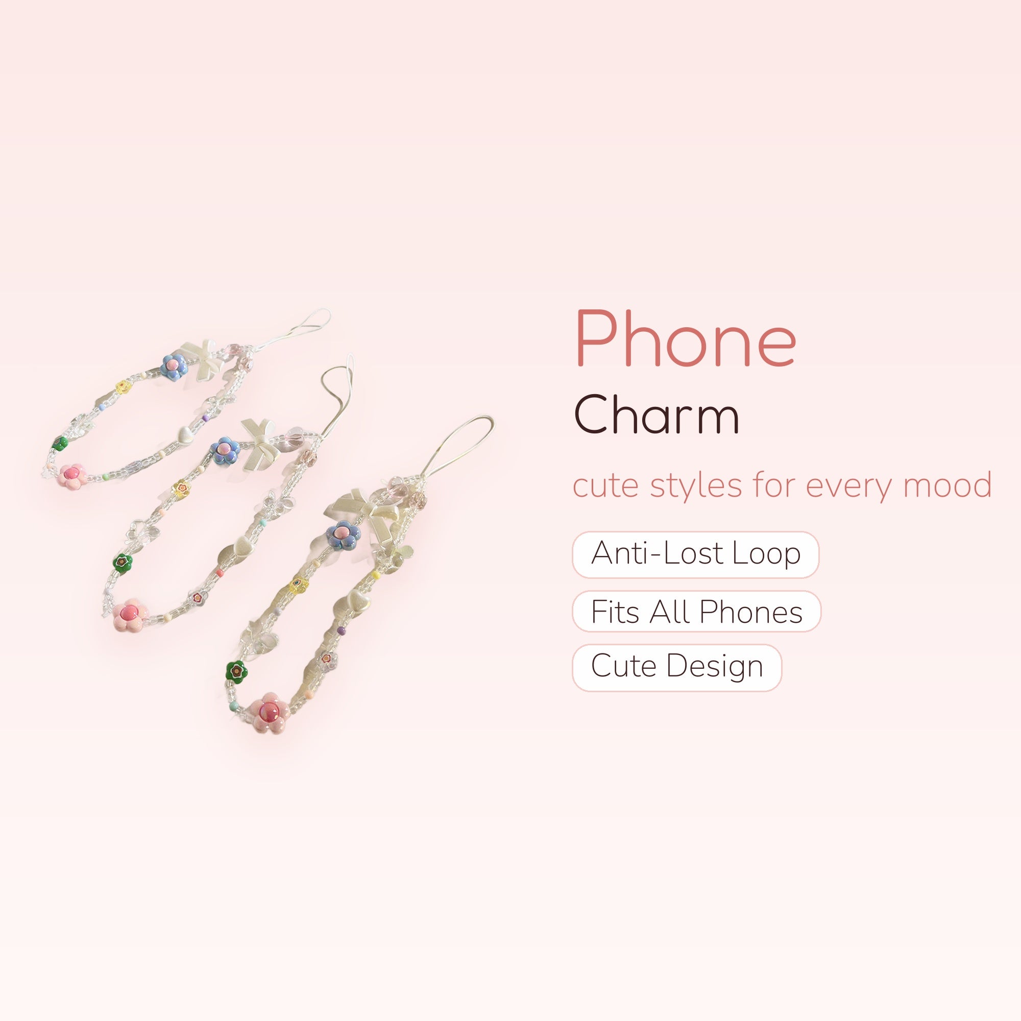 Kawaii Pastel Flower Beaded Phone Charm | Cute Bow & Heart Wrist Strap