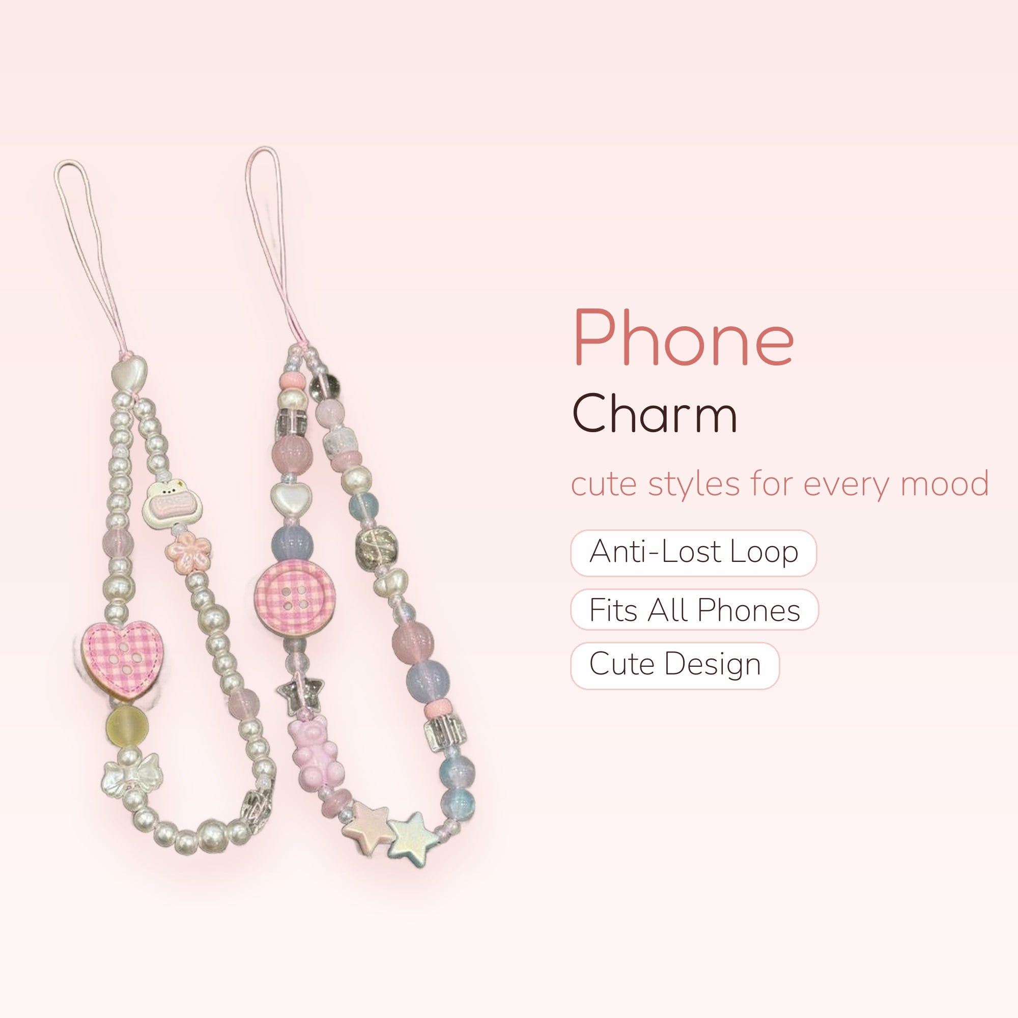 Kawaii Pastel Beaded Phone Charm Straps | Pink Gingham Heart & Bear Wrist Lanyards