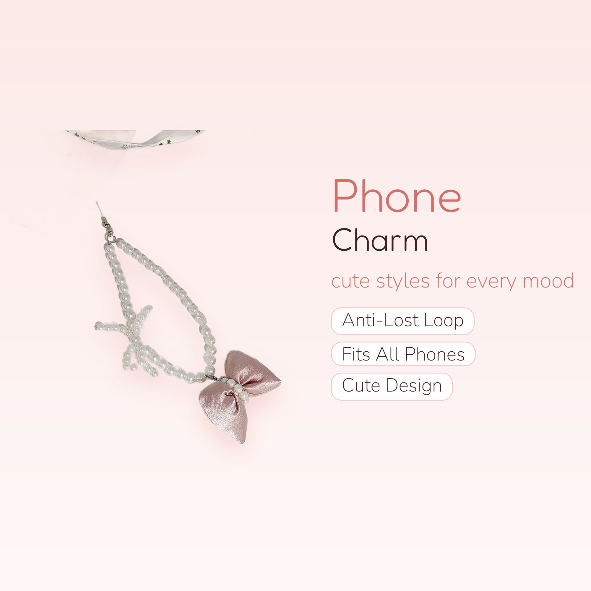 Kawaii Pearl Bow Phone Charm Strap | Pink Satin Beaded Wrist Lanyard
