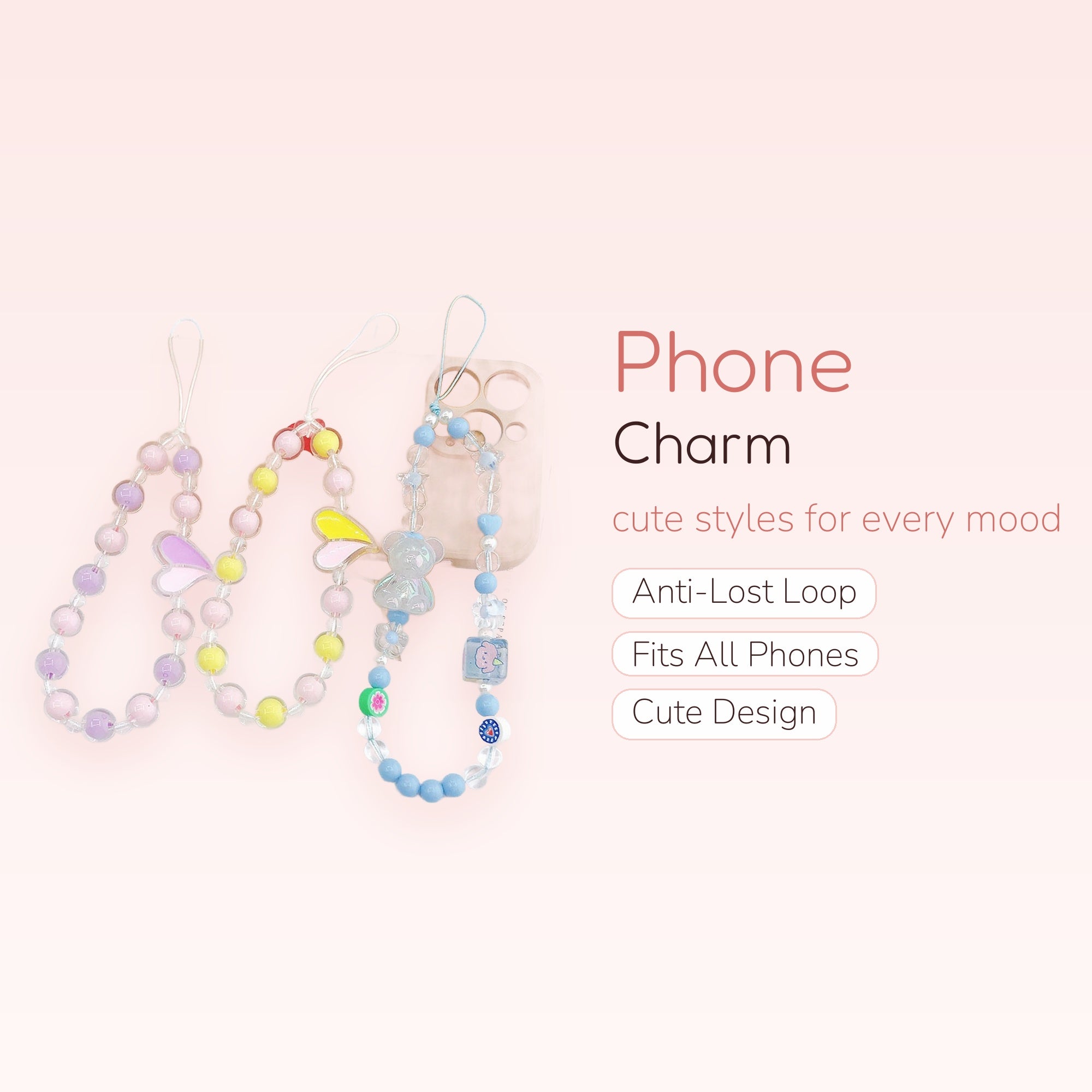 Kawaii Pastel Beaded Phone Charm Strap | Cute Butterfly & Bear Wrist Lanyard