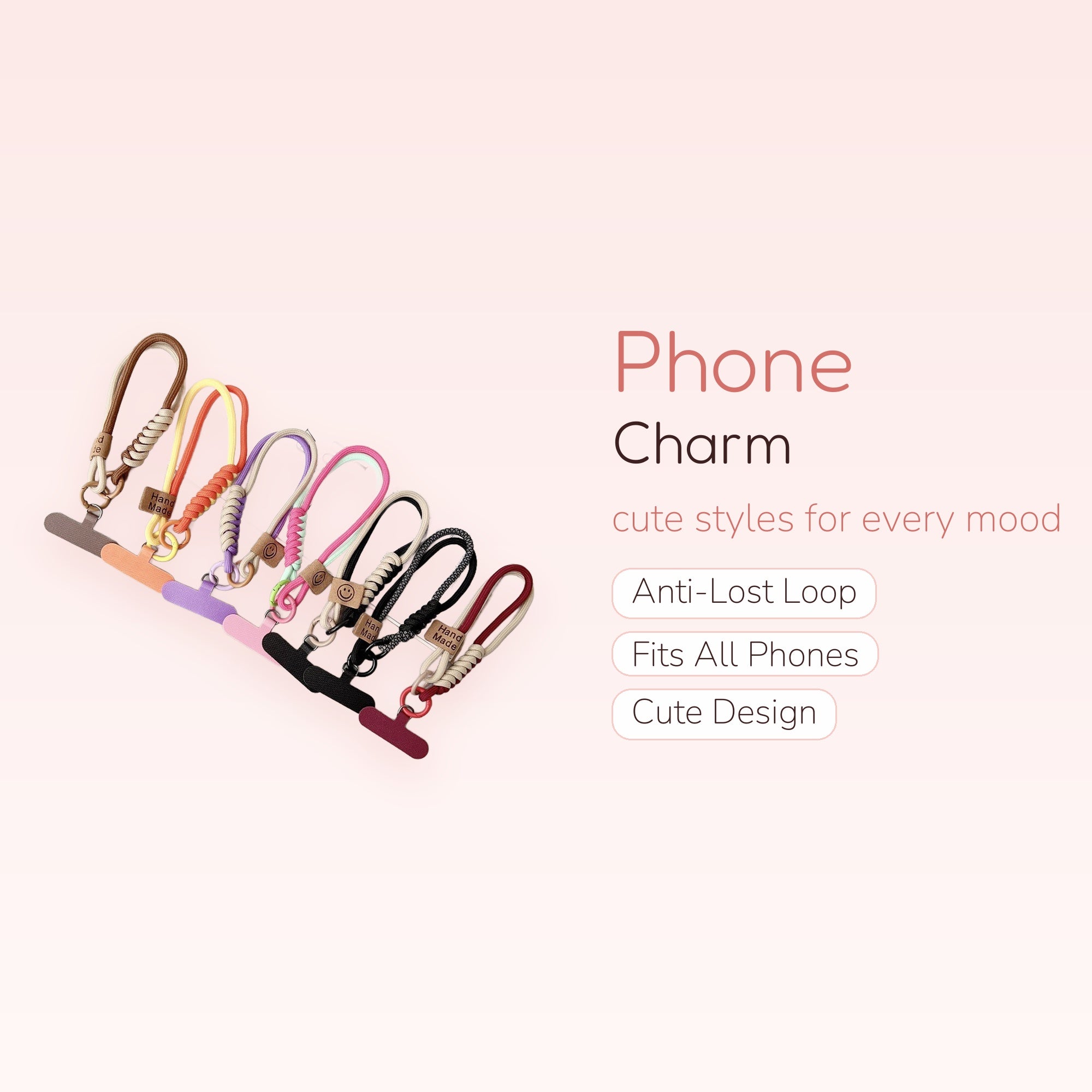 Braided Rope Phone Charm Strap | Colorful Hand-Woven Wrist Lanyard with Smiley Face Tag