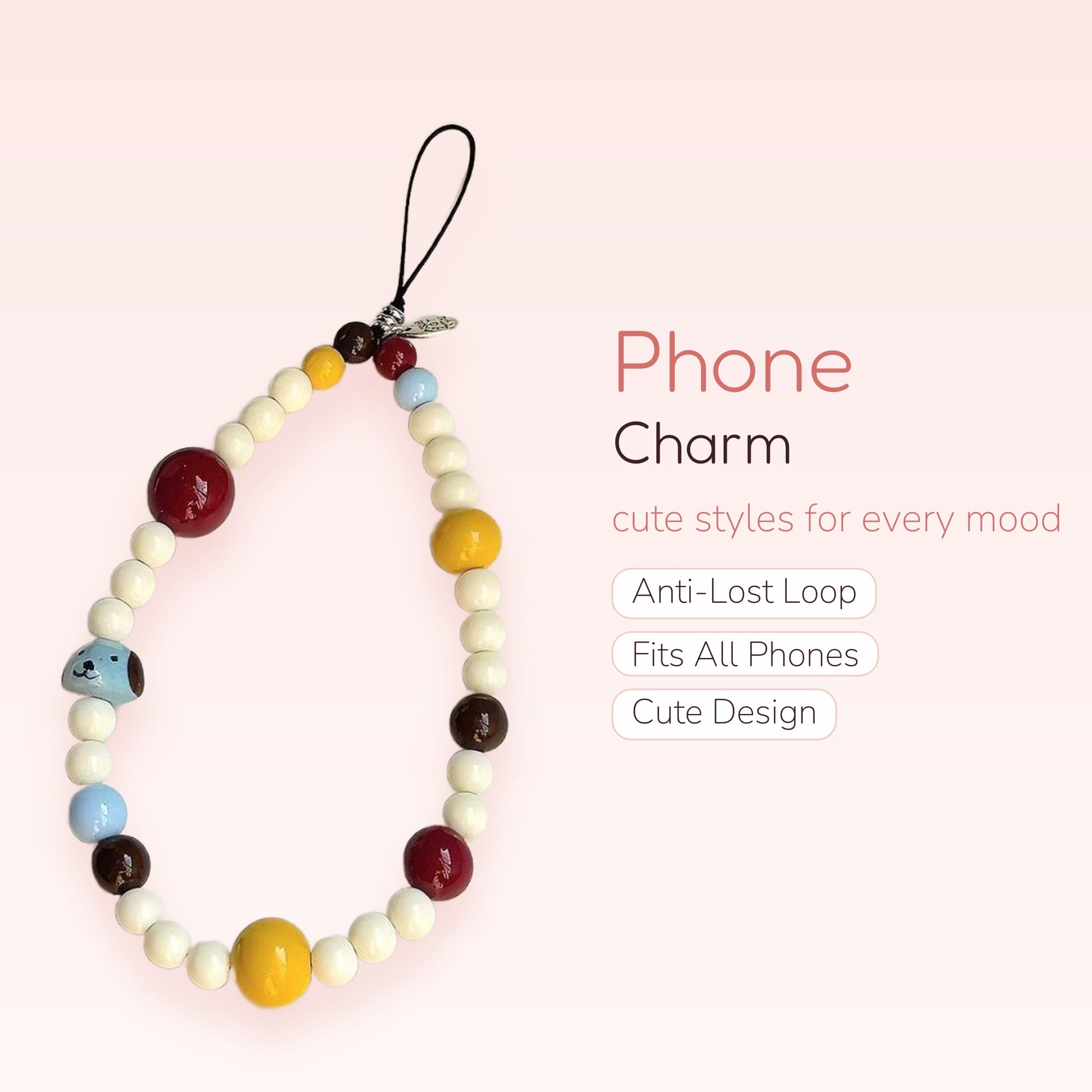 Kawaii Beaded Phone Charm Strap | Colorful Pearl & Puppy Wrist Lanyard