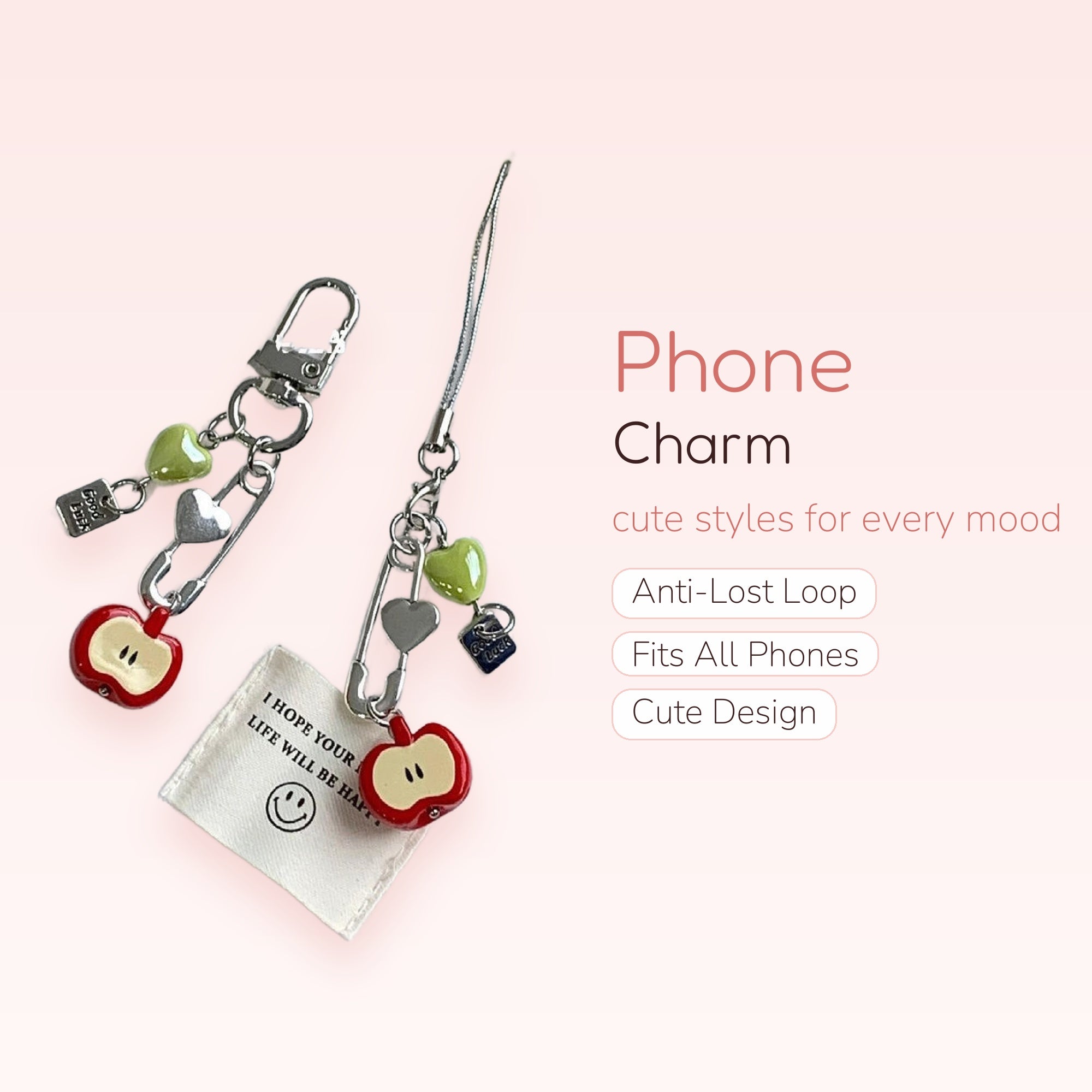 Cute Red Apple & Heart Phone Charm | Aesthetic Safety Pin Keychain Strap