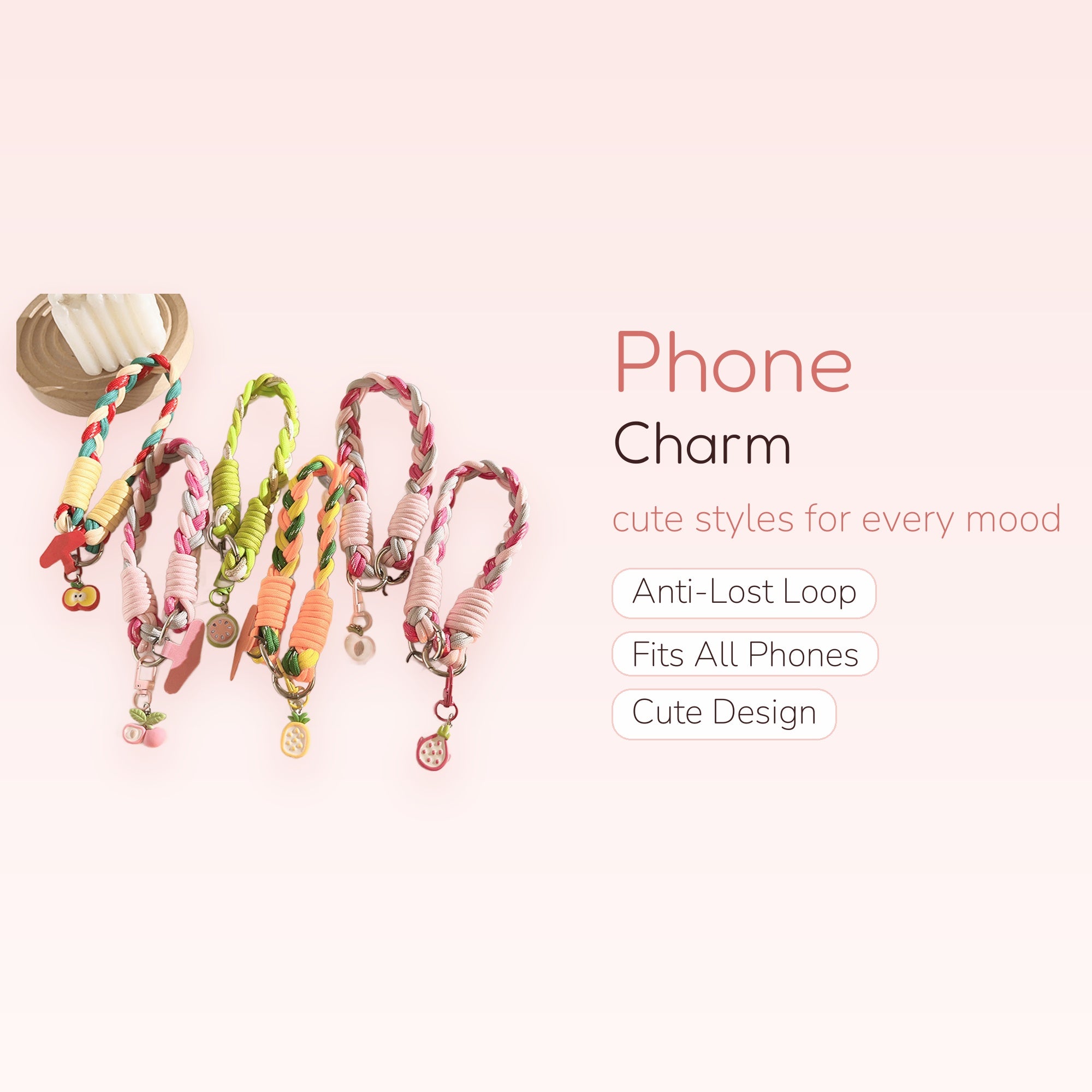 Braided Fruit Phone Charm Wrist Strap | Colorful Paracord Lanyard with Fruit Pendants