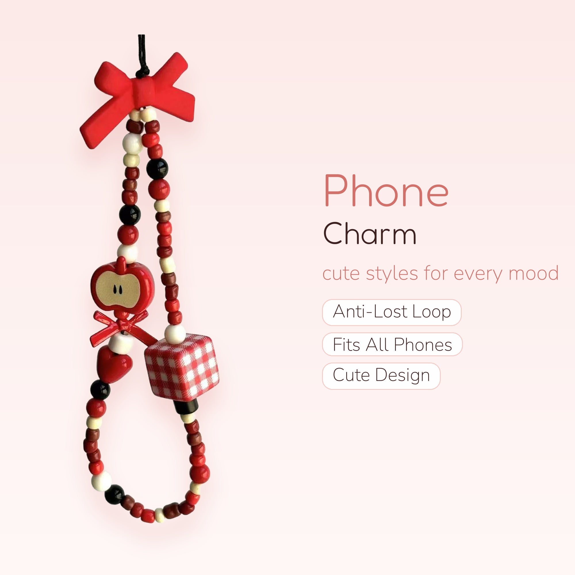 Cute Red Apple & Gingham Beaded Phone Charm | Kawaii Fruit Wrist Lanyard