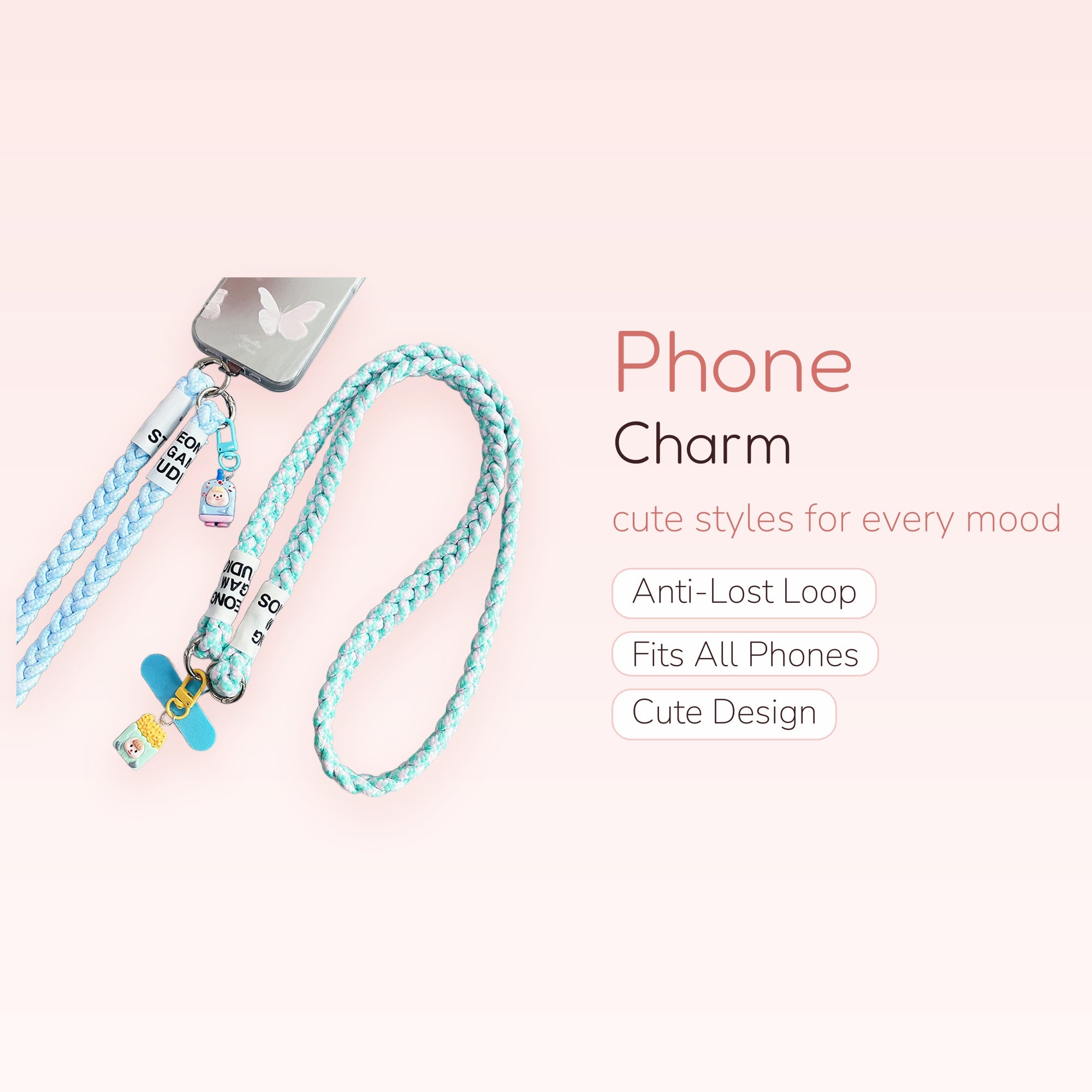 Braided Lanyard Phone Charm Strap | Cute Crossbody Phone Holder with Charms
