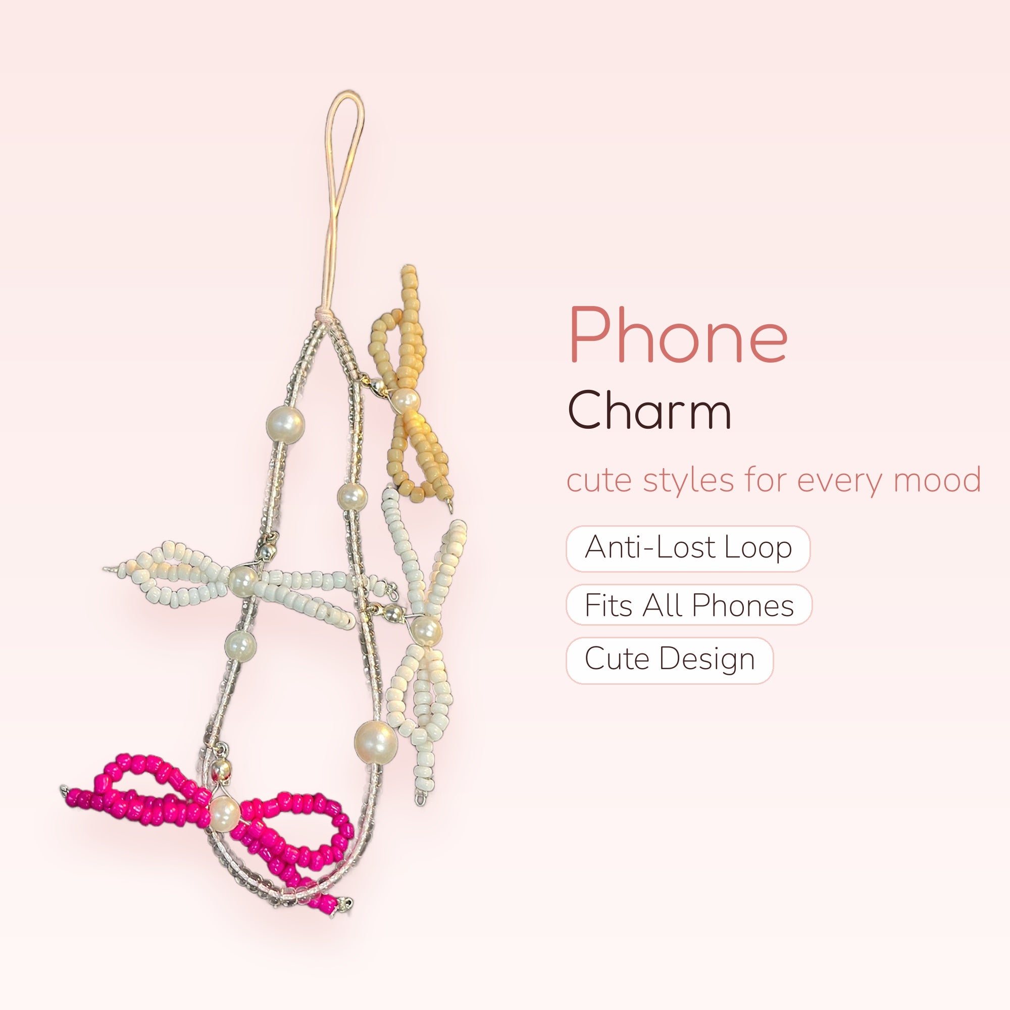 Cute Beaded Bow Phone Charm | Pink & White Pearl Wrist Strap