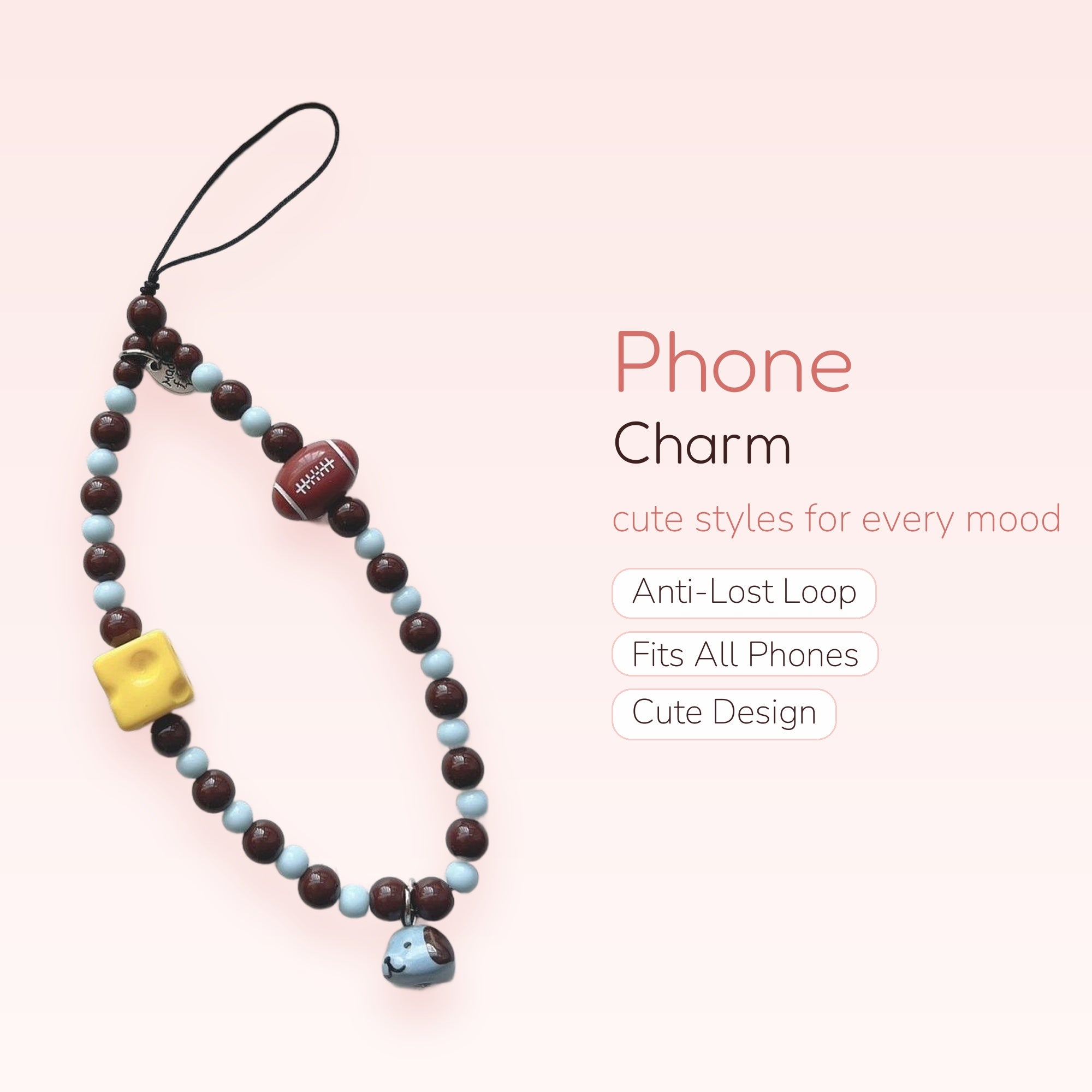 Cute Brown & Pastel Blue Beaded Phone Charm | Football & Cheese Wrist Lanyard