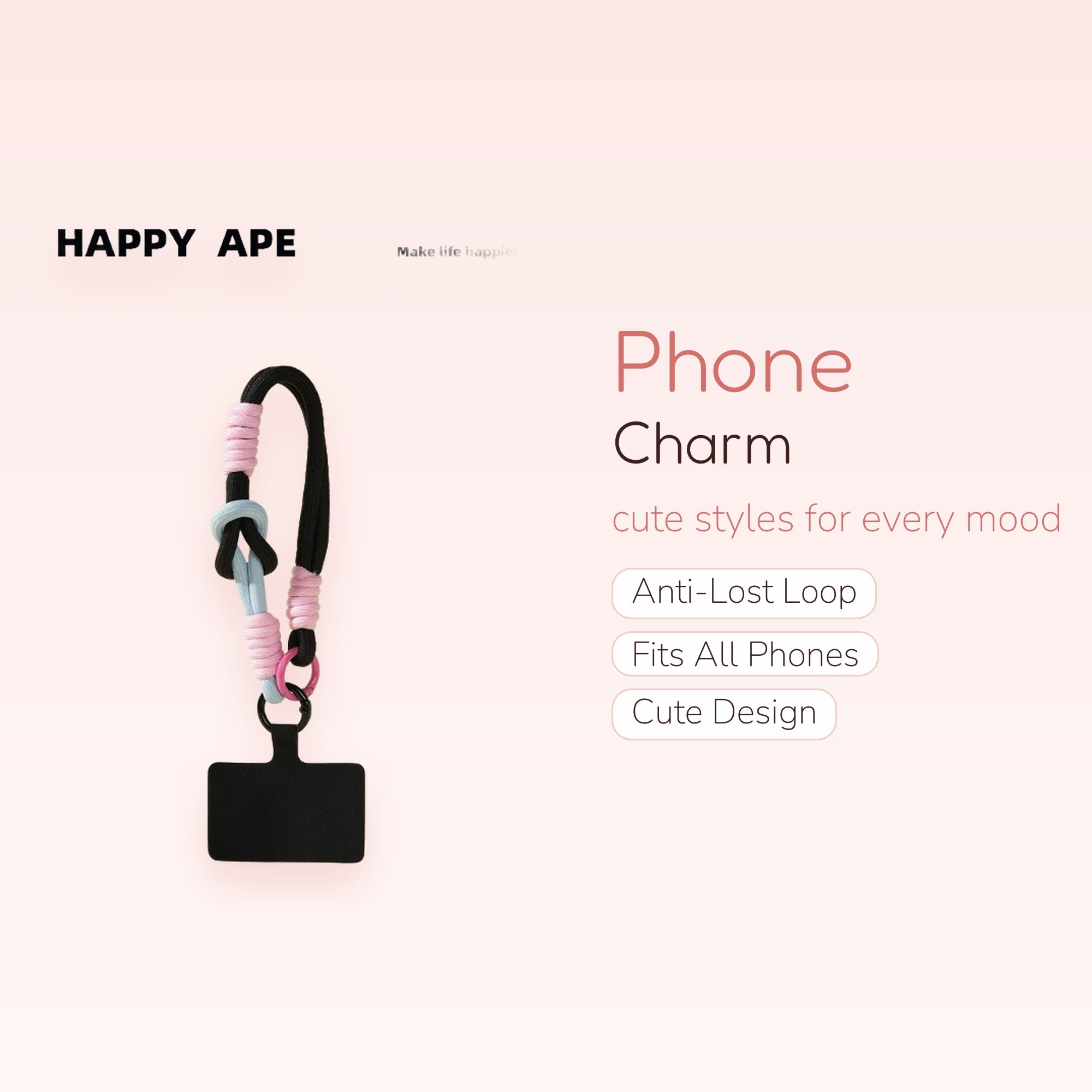 Black & Pastel Pink Braided Phone Charm | Aesthetic Wrist Lanyard Strap