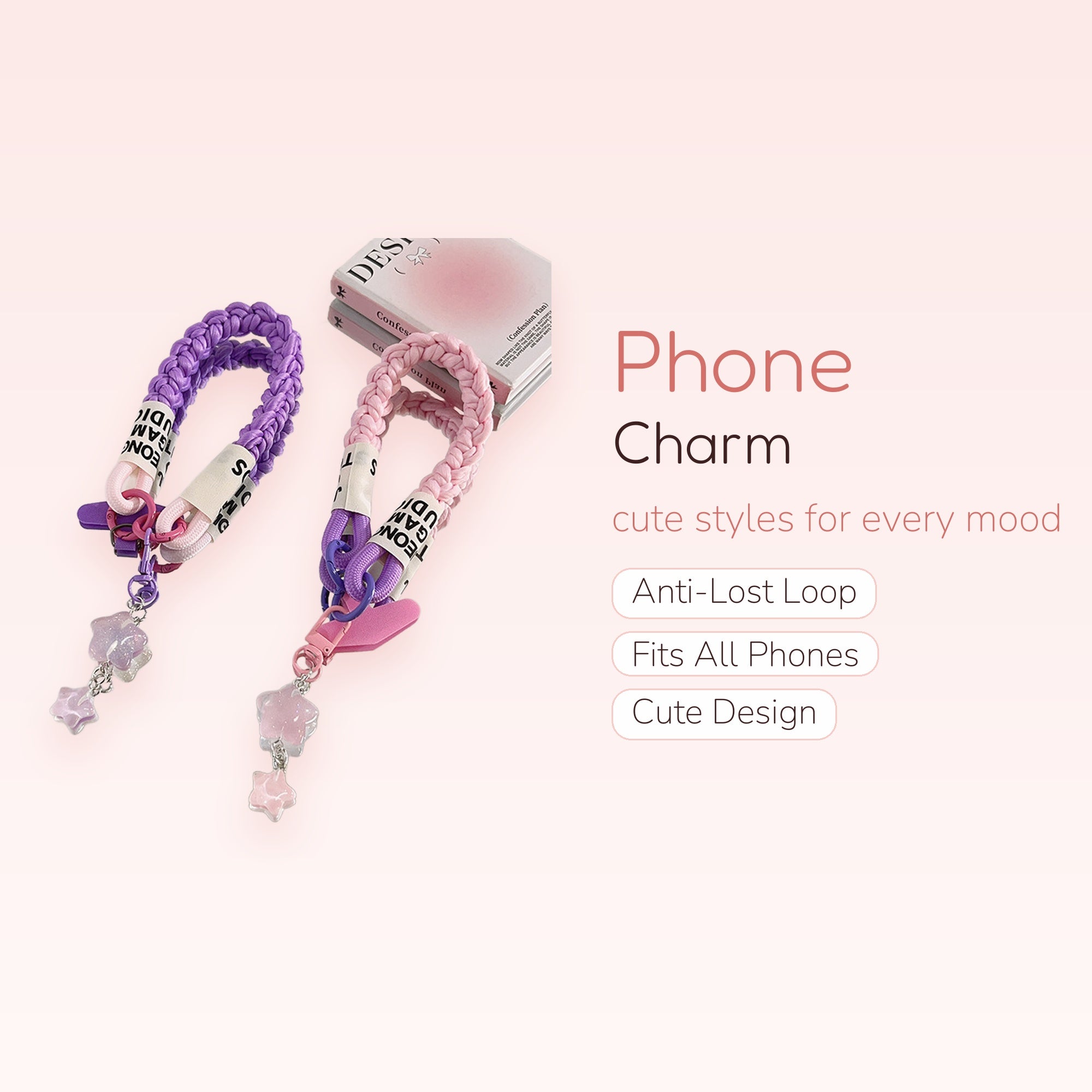 Braided Pastel Phone Charm Strap | Cute Star Pendant Wrist Lanyard