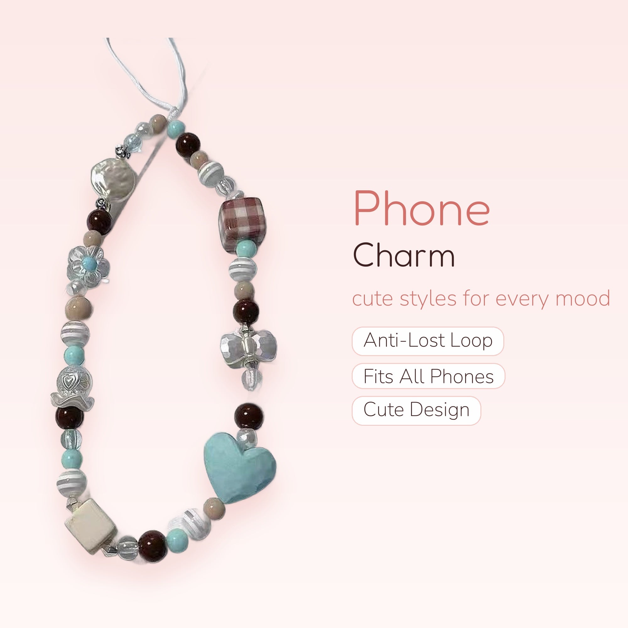 Pastel Beaded Phone Charm Strap | Kawaii Brown & Blue Heart Wrist Lanyard
