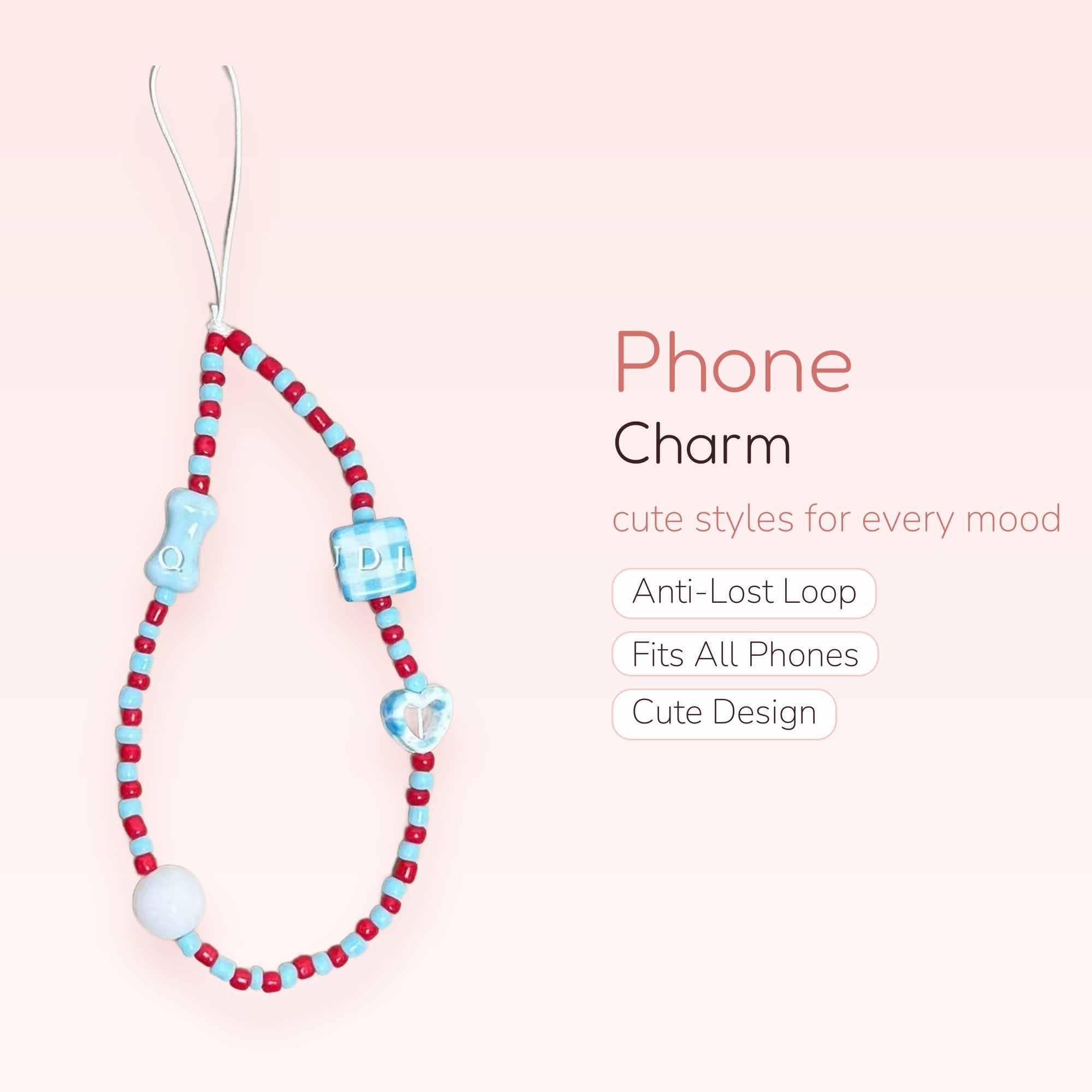 Cute Red & Blue Beaded Phone Charm Strap | Aesthetic Y2K Wrist Lanyard