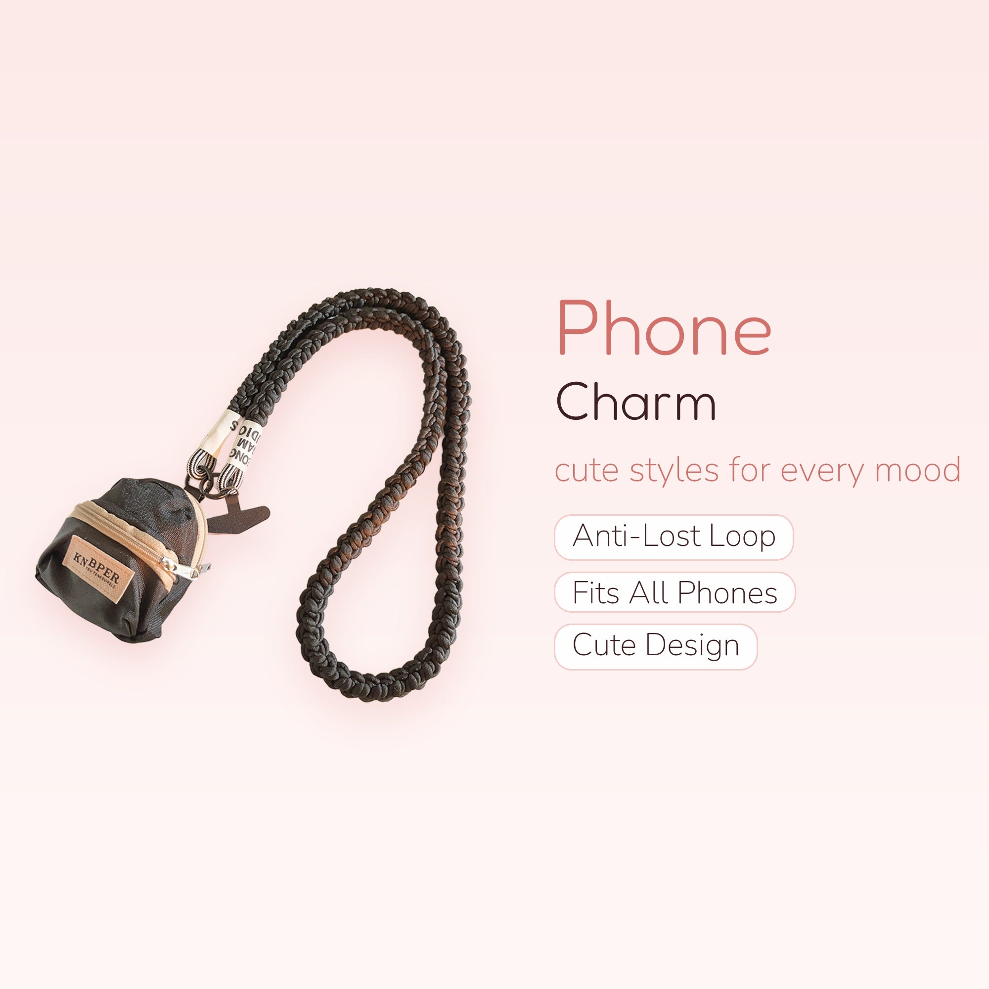 Black Braided Lanyard Phone Charm with Mini Backpack Pouch | Cute Crossbody Phone Strap