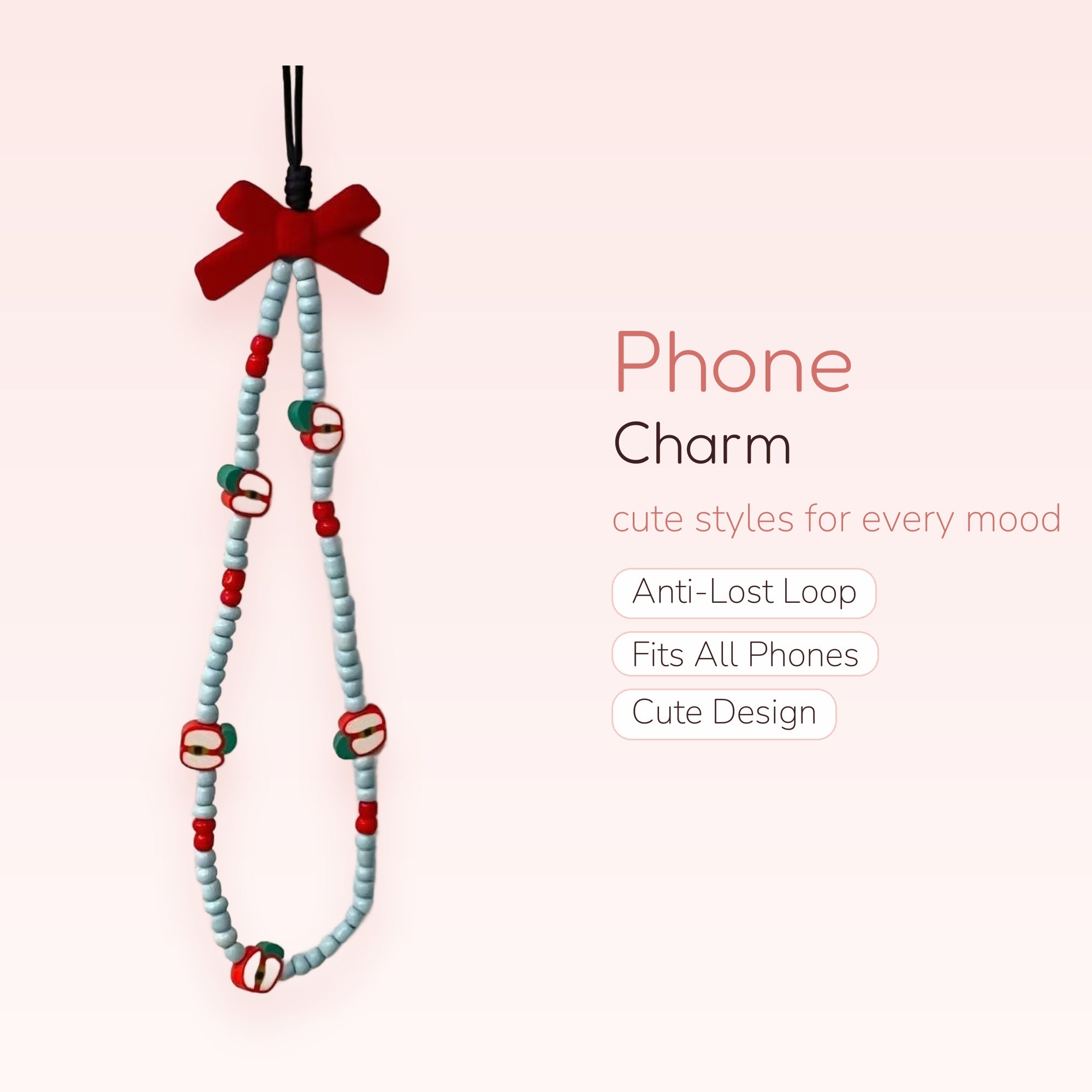 Cute Apple & Red Beaded Phone Charm Strap | Kawaii Light Blue Wrist Lanyard